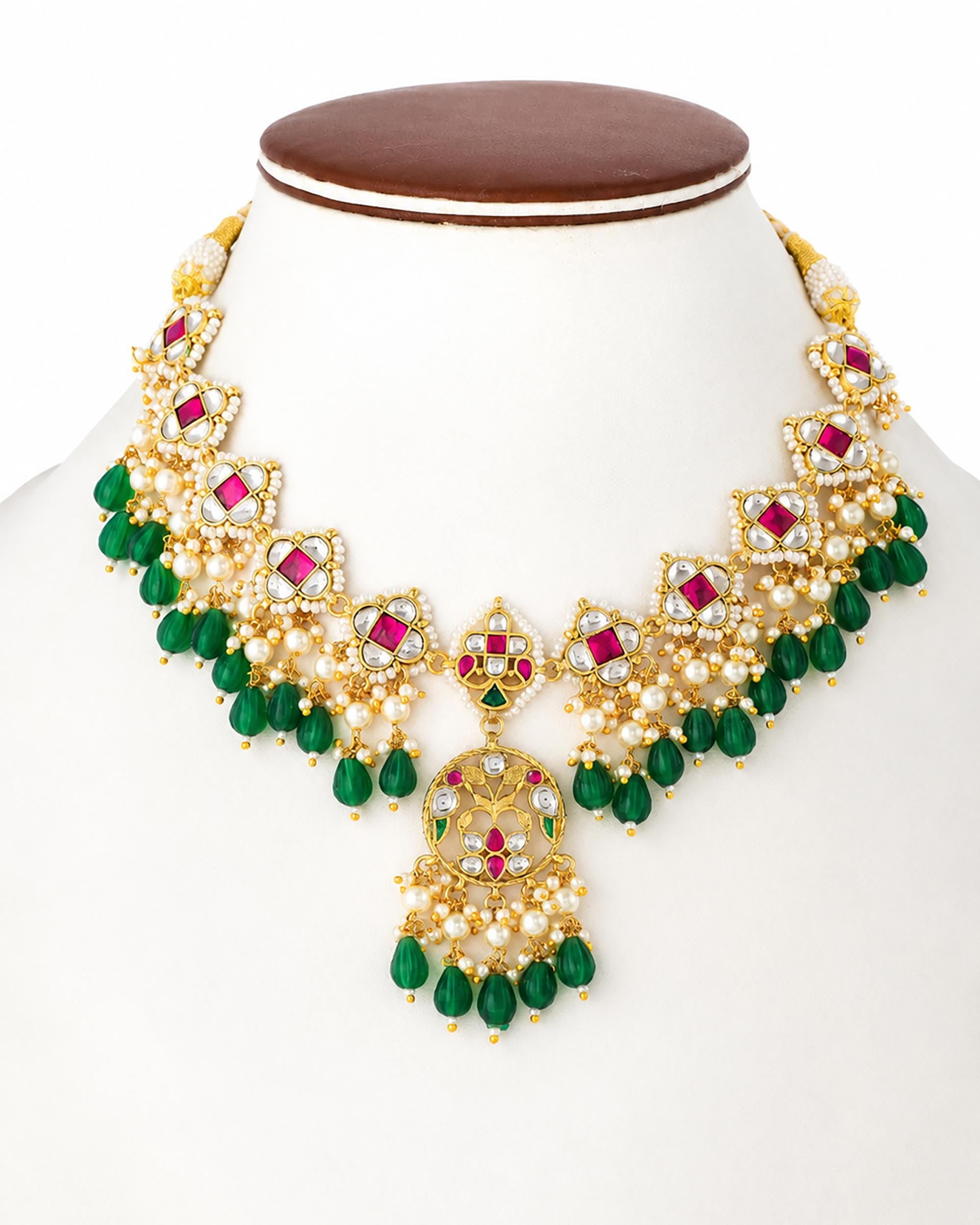 Royal Sabyasachi-Inspired Kundan Collar Necklace Set with Ruby Accents & Emerald Green Droplets