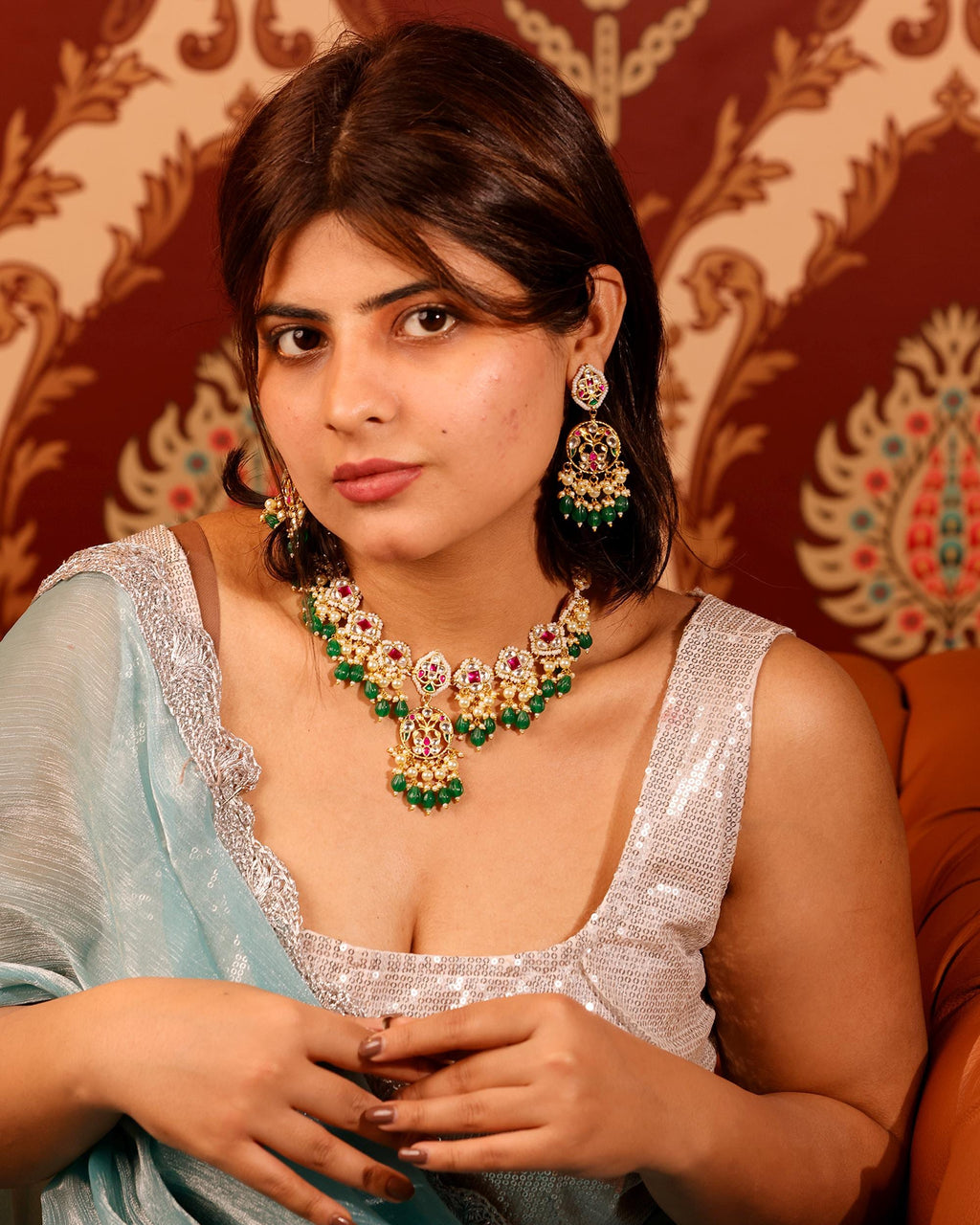 Royal Sabyasachi-Inspired Kundan Collar Necklace Set with Ruby Accents & Emerald Green Droplets