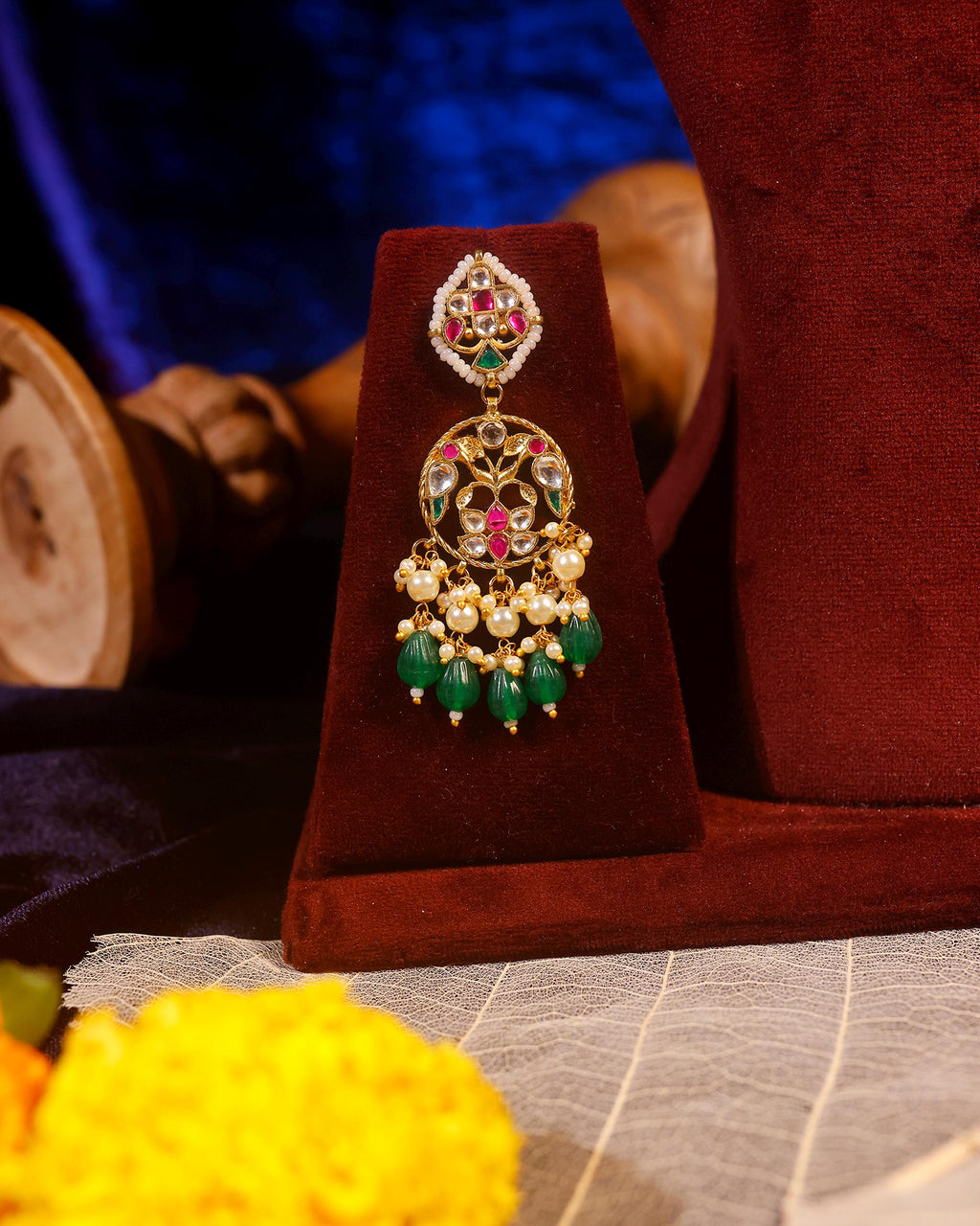 Royal Sabyasachi-Inspired Kundan Collar Necklace Set with Ruby Accents & Emerald Green Droplets