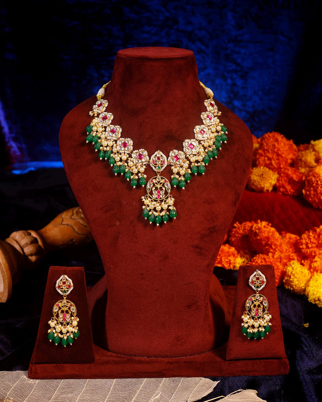 Royal Sabyasachi-Inspired Kundan Collar Necklace Set with Ruby Accents & Emerald Green Droplets