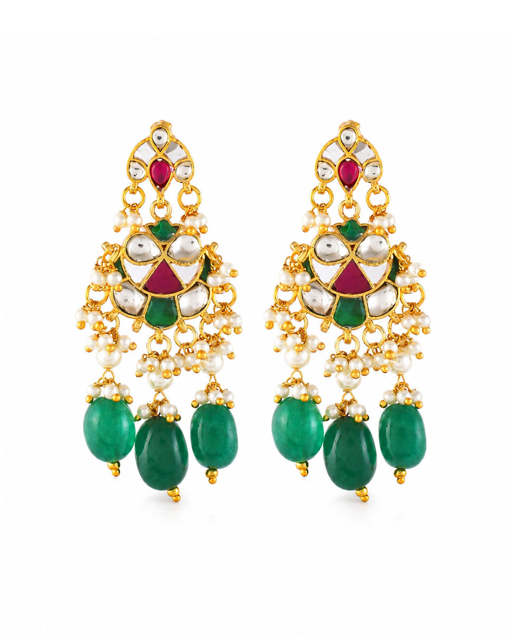 Royal Sabyasachi-Inspired Kundan Collar Necklace Set with Ruby Accents & Emerald Green Droplets