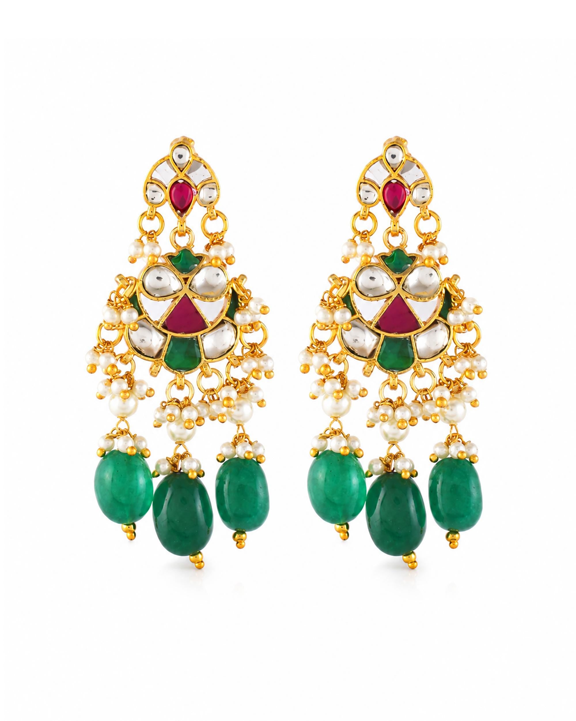 Royal Sabyasachi-Inspired Kundan Collar Necklace Set with Ruby Accents & Emerald Green Droplets