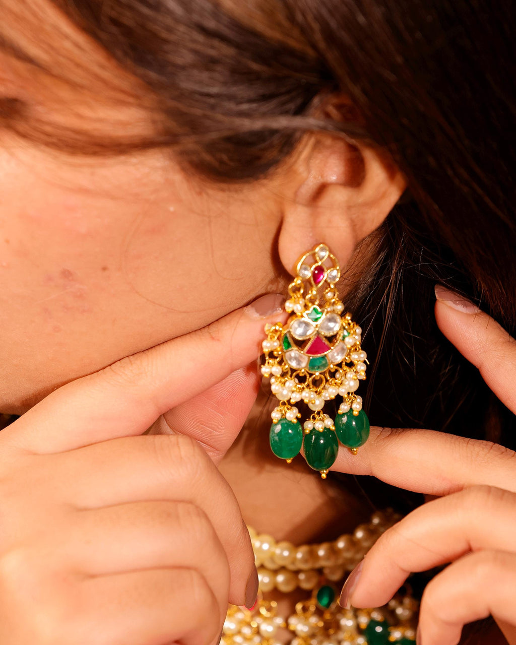 Royal Sabyasachi-Inspired Kundan Collar Necklace Set with Ruby Accents & Emerald Green Droplets