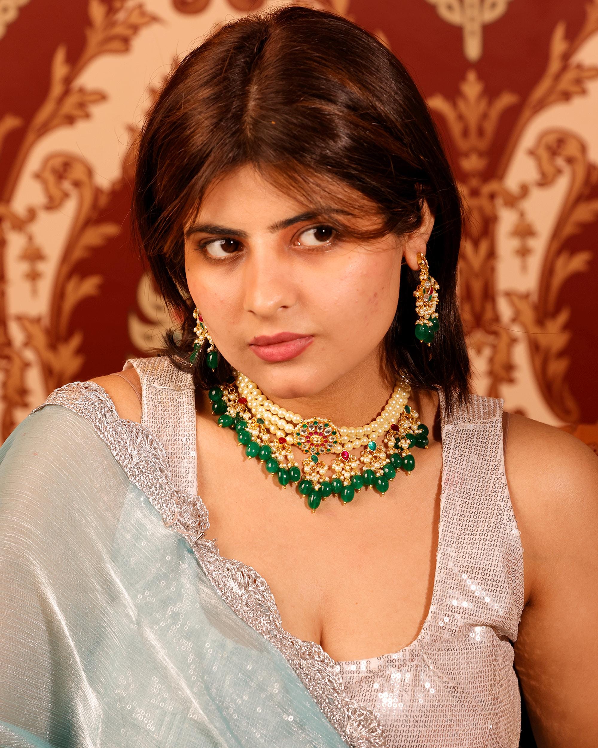 Royal Sabyasachi-Inspired Kundan Collar Necklace Set with Ruby Accents & Emerald Green Droplets
