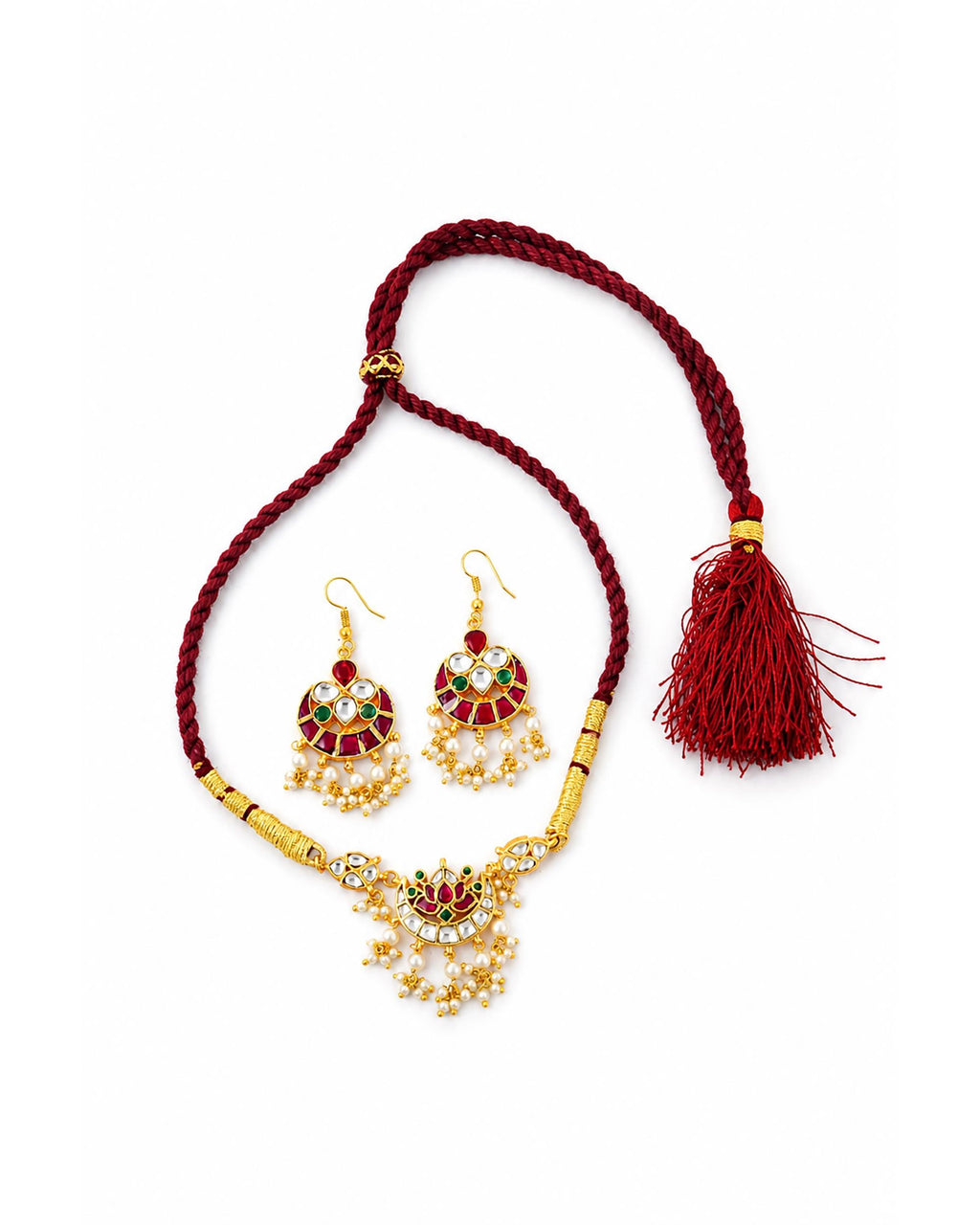 Handmade Kundan Choker Necklace Set  Indian Bridal Jewelry, Red Green Meenakari Lotus Pendant
