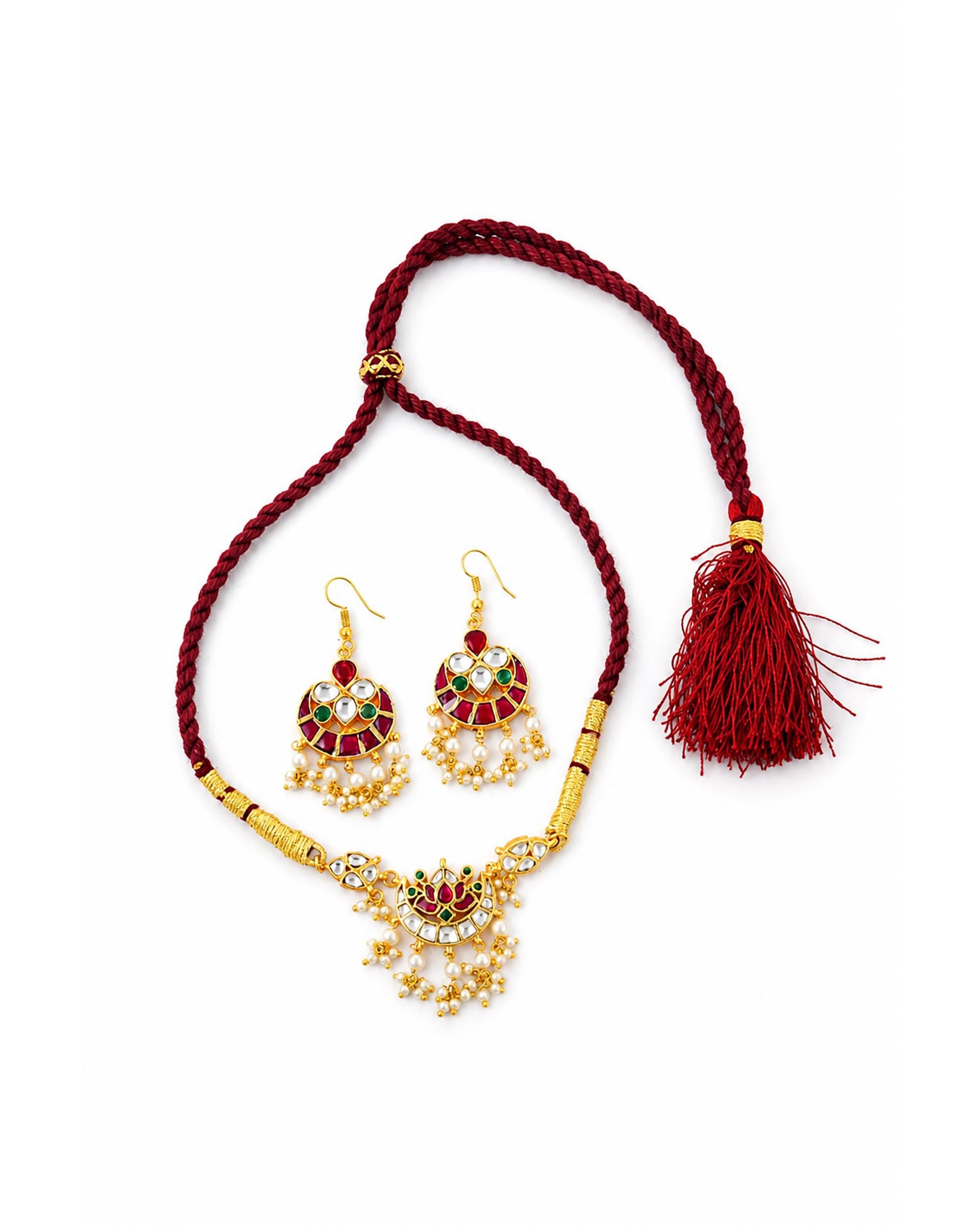 Handmade Kundan Choker Necklace Set  Indian Bridal Jewelry, Red Green Meenakari Lotus Pendant