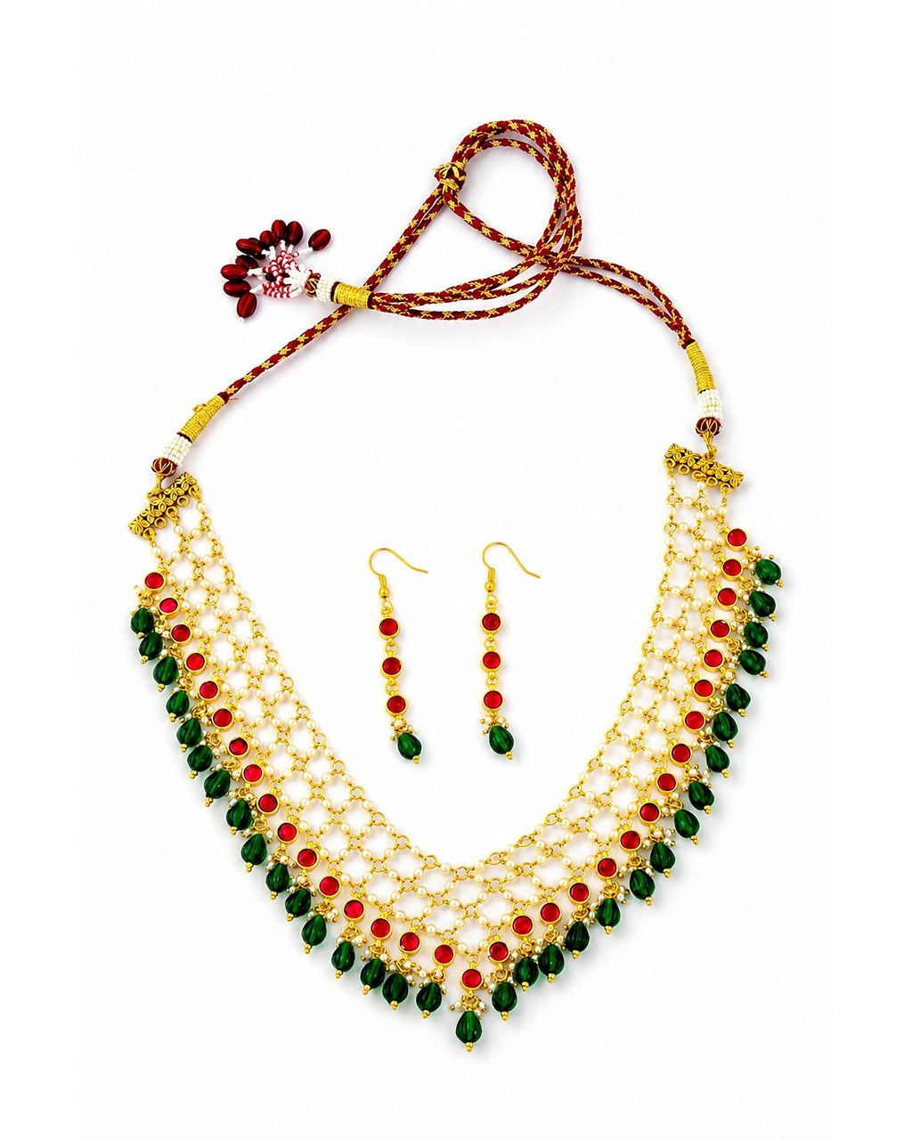 Indian Pearl Necklace Set, Green Red Beaded Choker, Traditional Bridal Jewelry, Ethnic Wedding Necklace, Handmade Festive Jewelry Gift for H