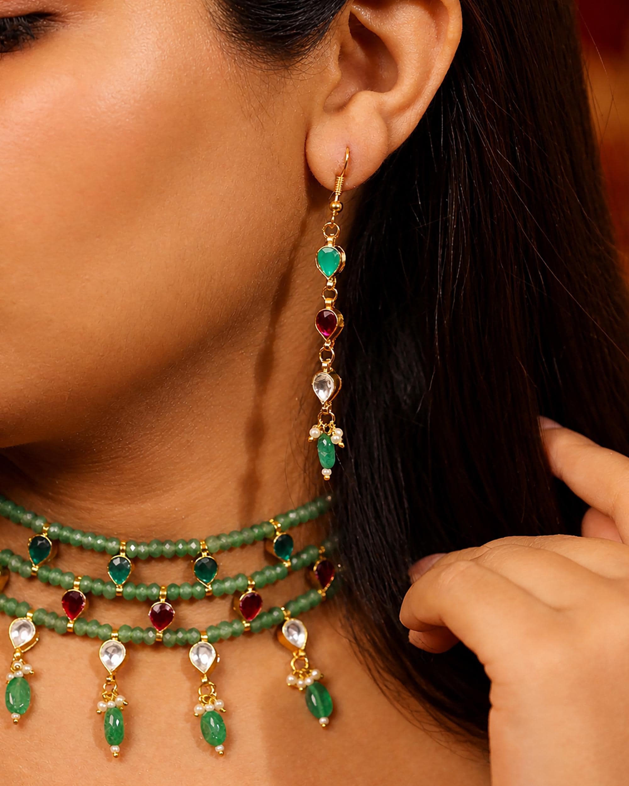 Handmade Green Bead Kundan Choker Necklace Set with Dangle Earrings  Indian Bridal Jewelry