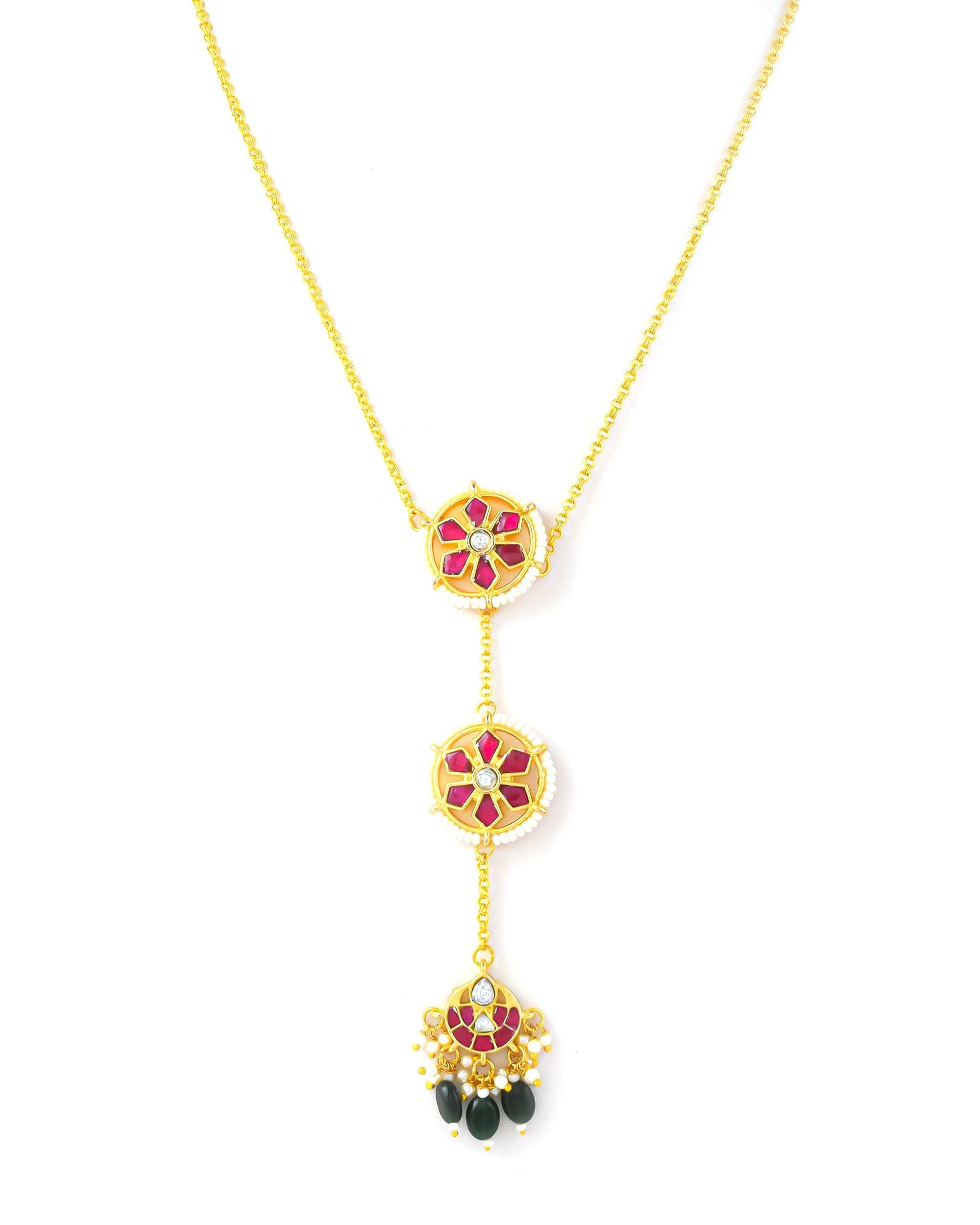 Handmade Floral Kundan Necklace Set  Gold Plated Ruby Red Enamel Geometric Pendant