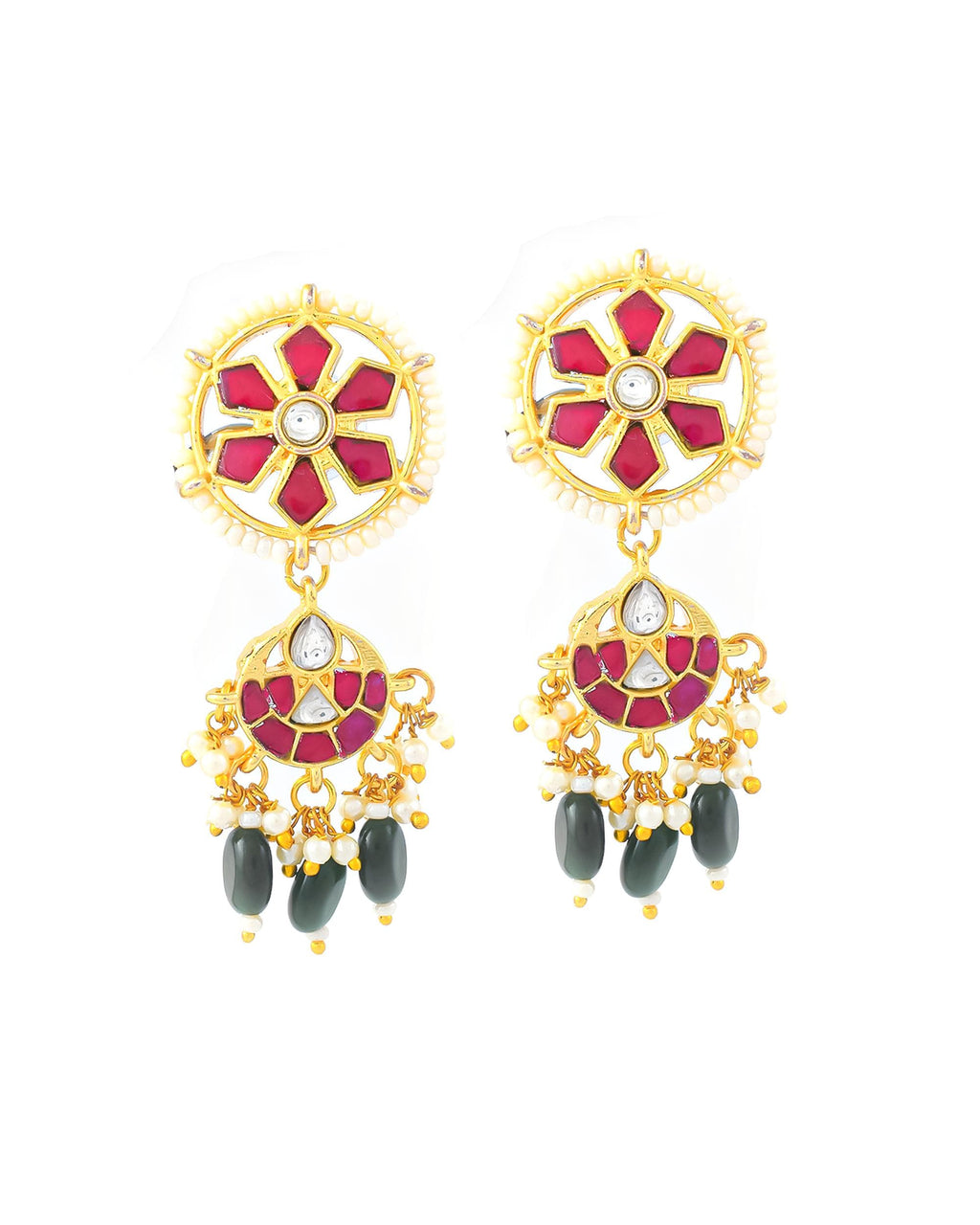 Handmade Floral Kundan Necklace Set  Gold Plated Ruby Red Enamel Geometric Pendant