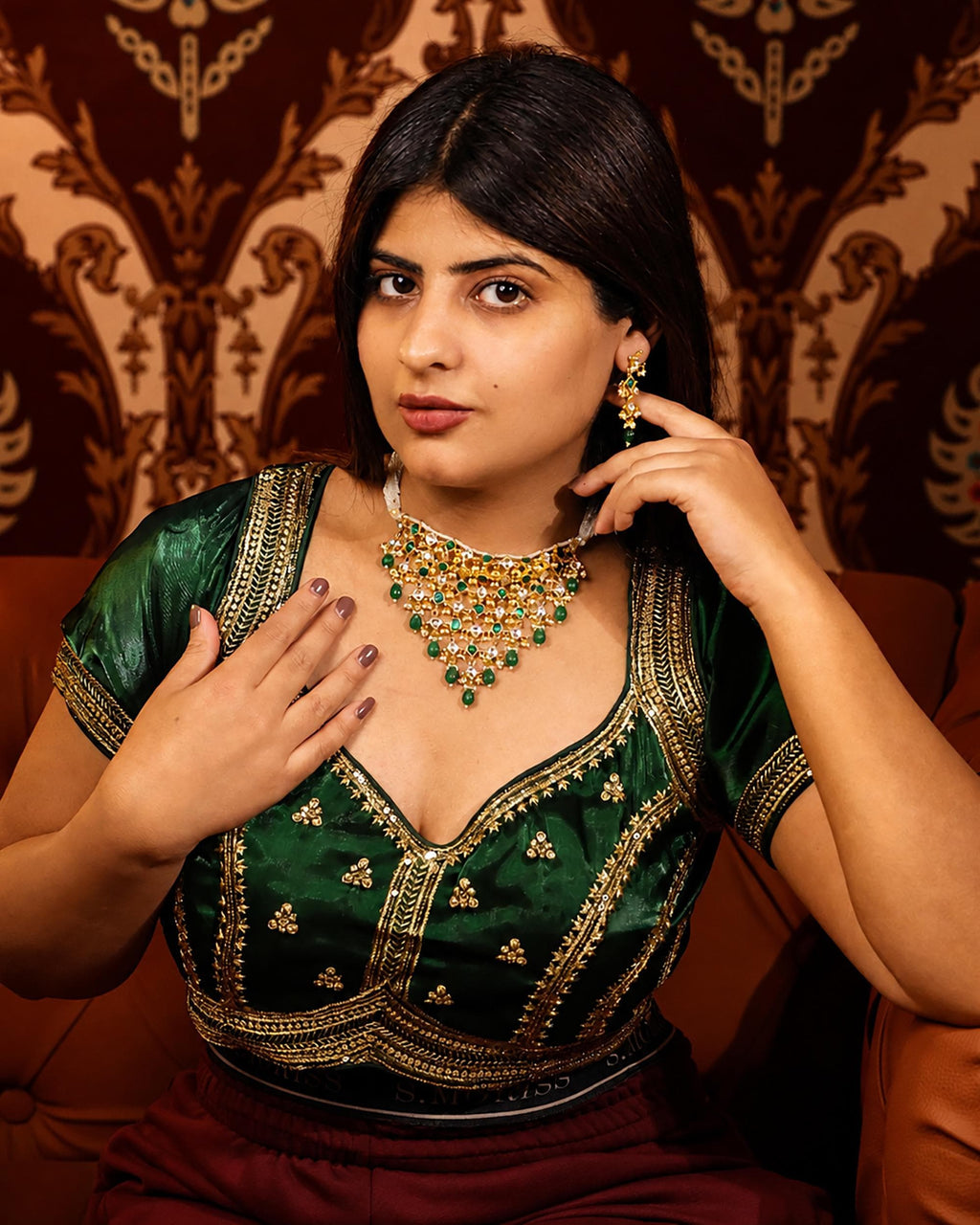 Handmade Kundan Mesh Choker Necklace Set with Earrings  Traditional Indian Bridal Jewelry  Emerald Green Stone Bib Collar