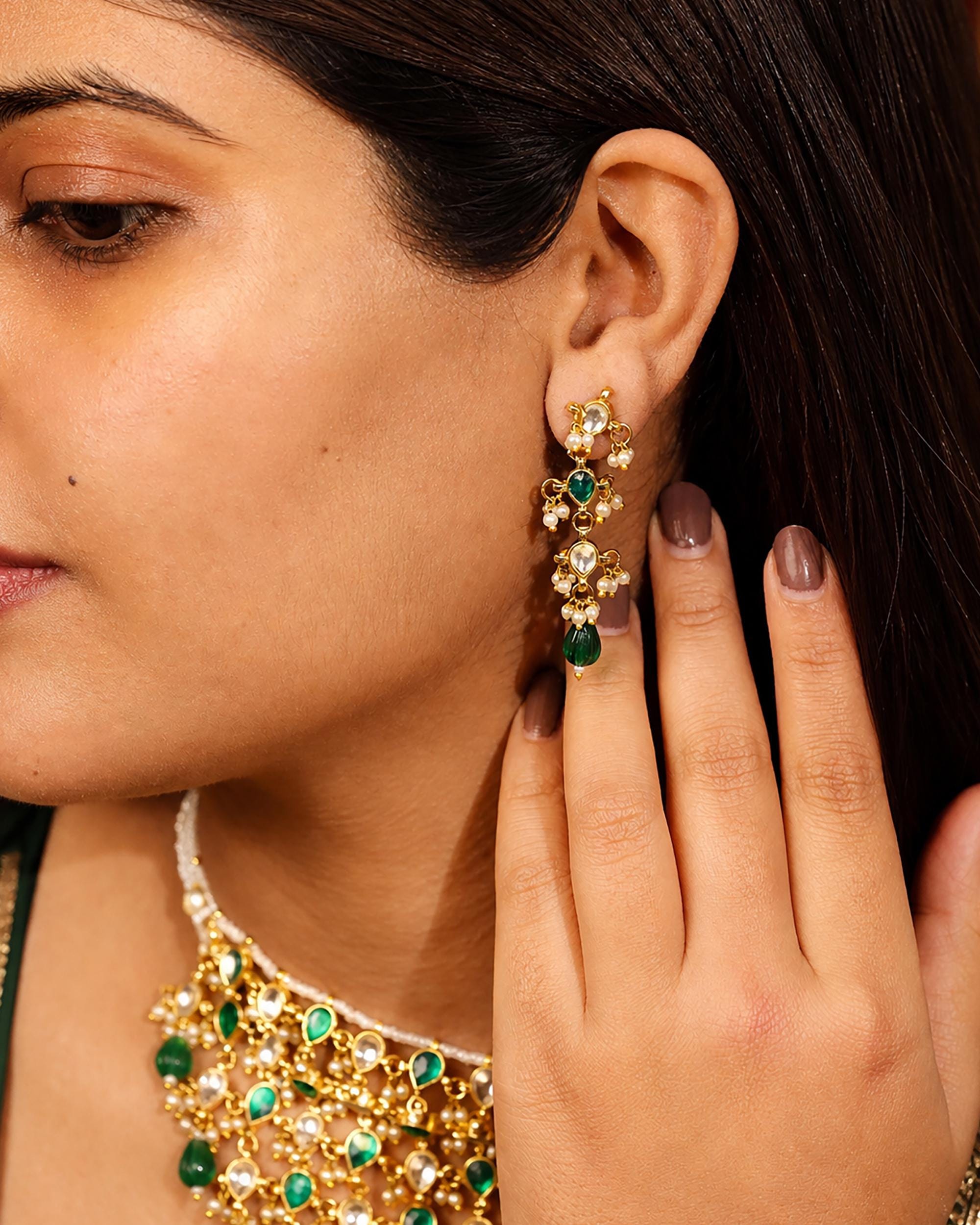 Handmade Kundan Mesh Choker Necklace Set with Earrings  Traditional Indian Bridal Jewelry  Emerald Green Stone Bib Collar