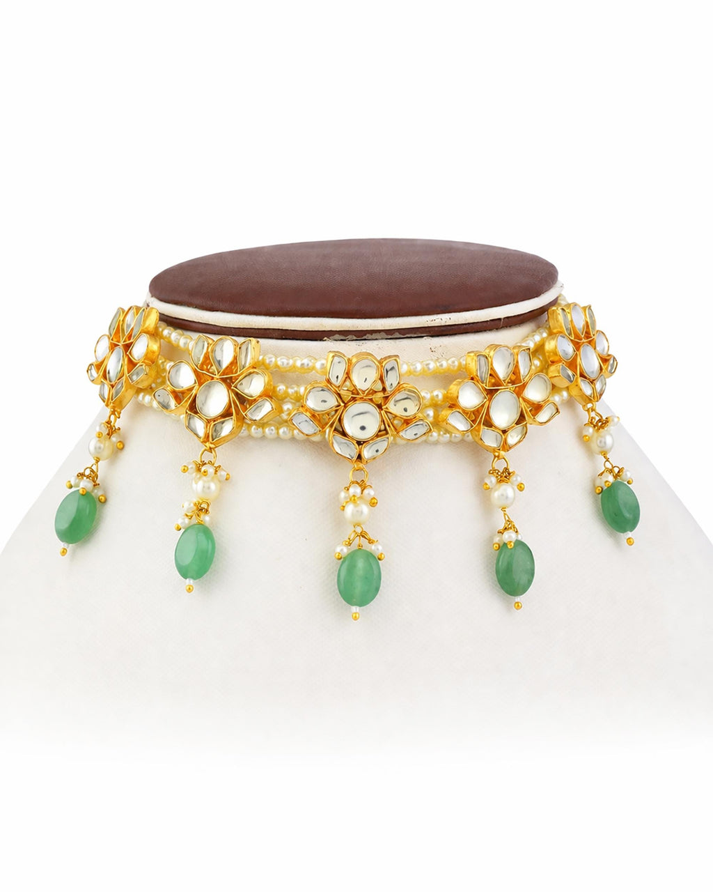 Handmade Kundan Choker Necklace  Gold Plated Pearl Collar with Light Green Drops