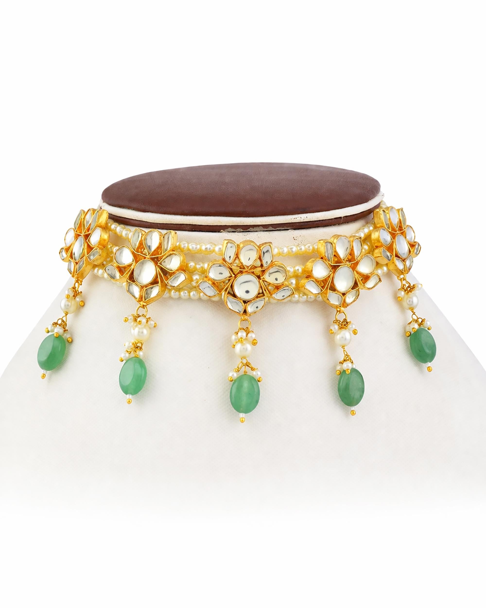 Handmade Kundan Choker Necklace  Gold Plated Pearl Collar with Light Green Drops