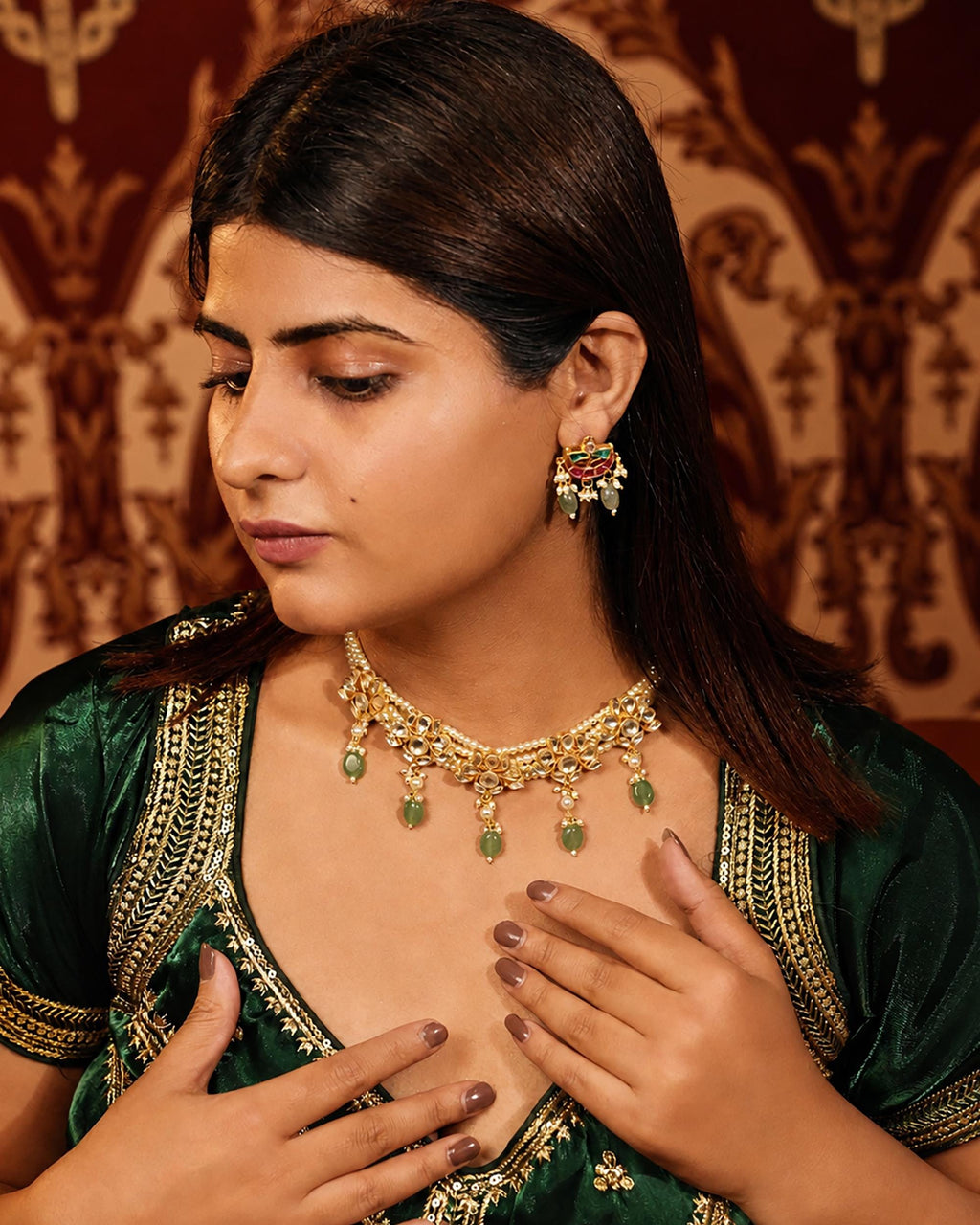 Handmade Kundan Choker Necklace  Gold Plated Pearl Collar with Light Green Drops
