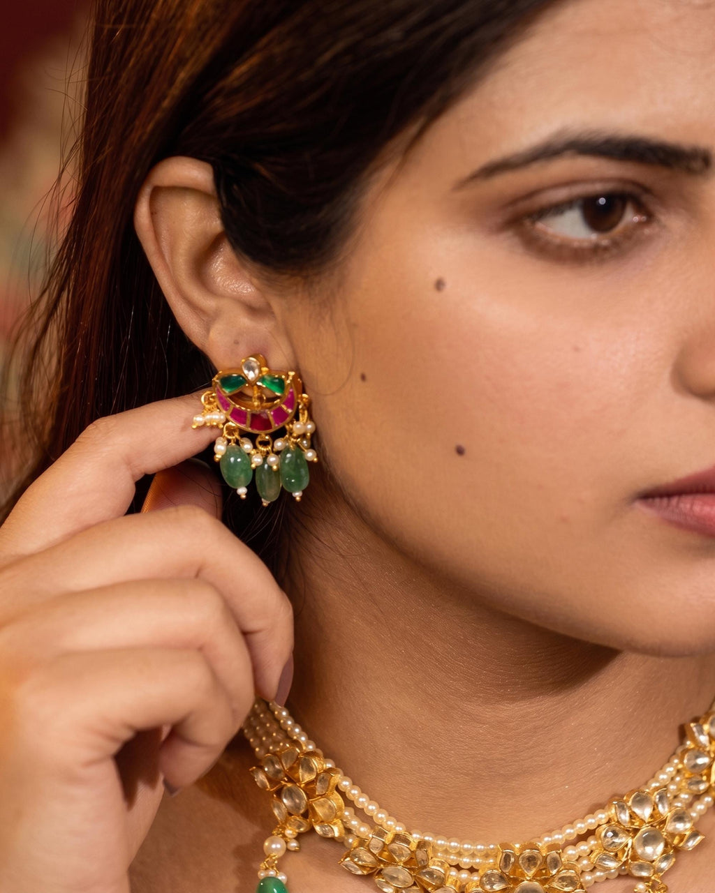 Handmade Kundan Choker Necklace  Gold Plated Pearl Collar with Light Green Drops