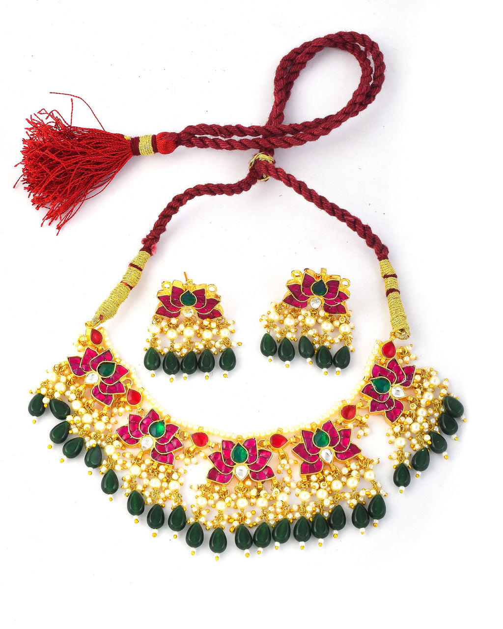 Handmade Meenakari Lotus Choker Necklace Set with Earrings  Indian Bridal Jewelry