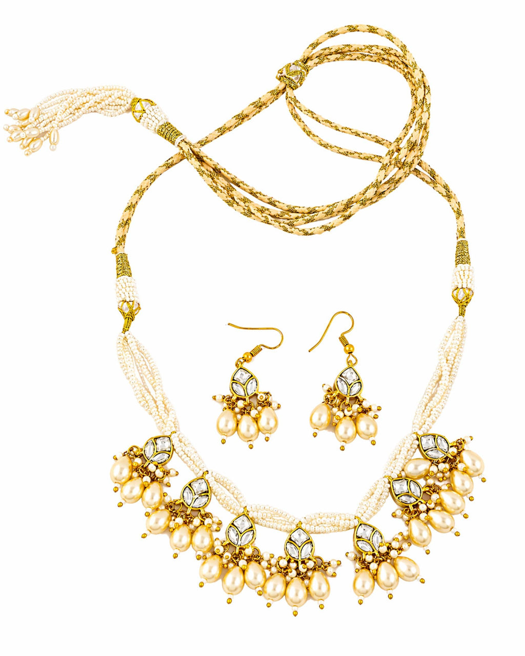 Multi-Strand Pearl Kundan Necklace Set  Gold Plated Leaf Motif Choker