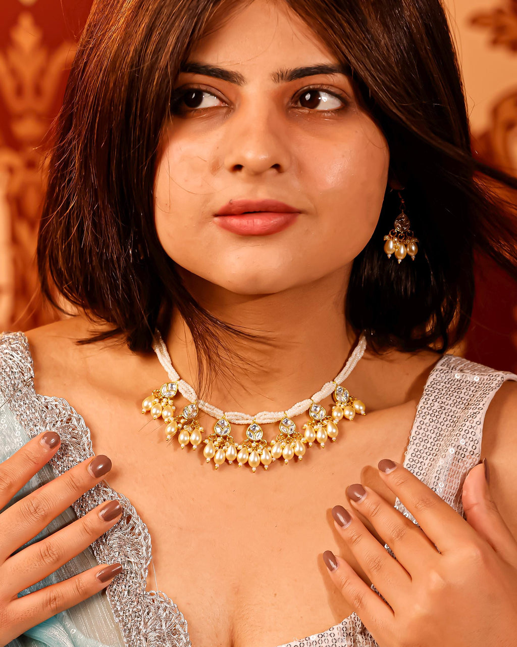 Multi-Strand Pearl Kundan Necklace Set  Gold Plated Leaf Motif Choker