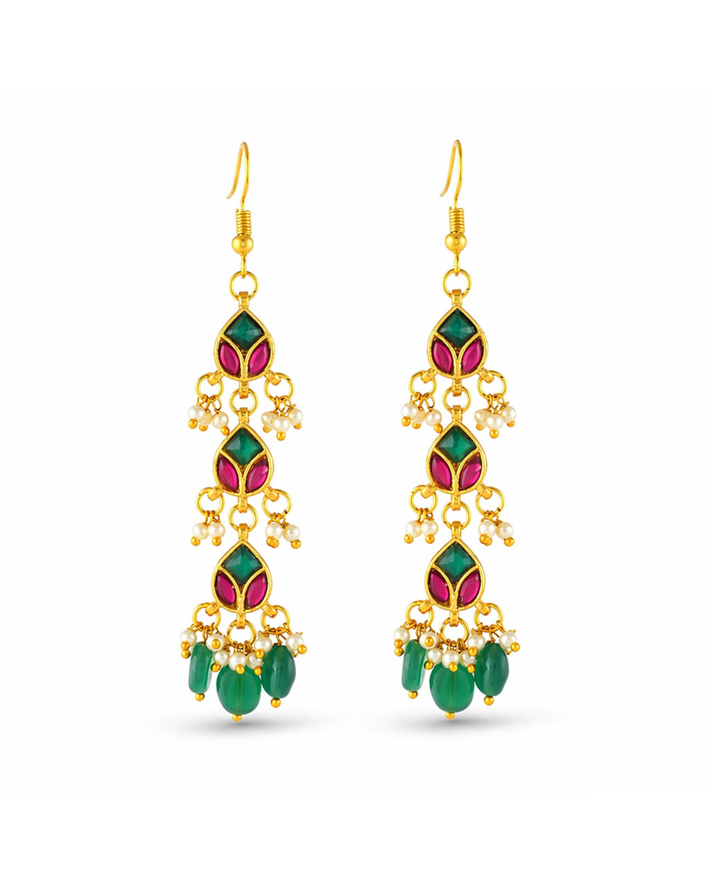 Multi-Strand Pearl Mala Necklace Set with Earrings, Gold Plated Meenakari Festive Jewelry