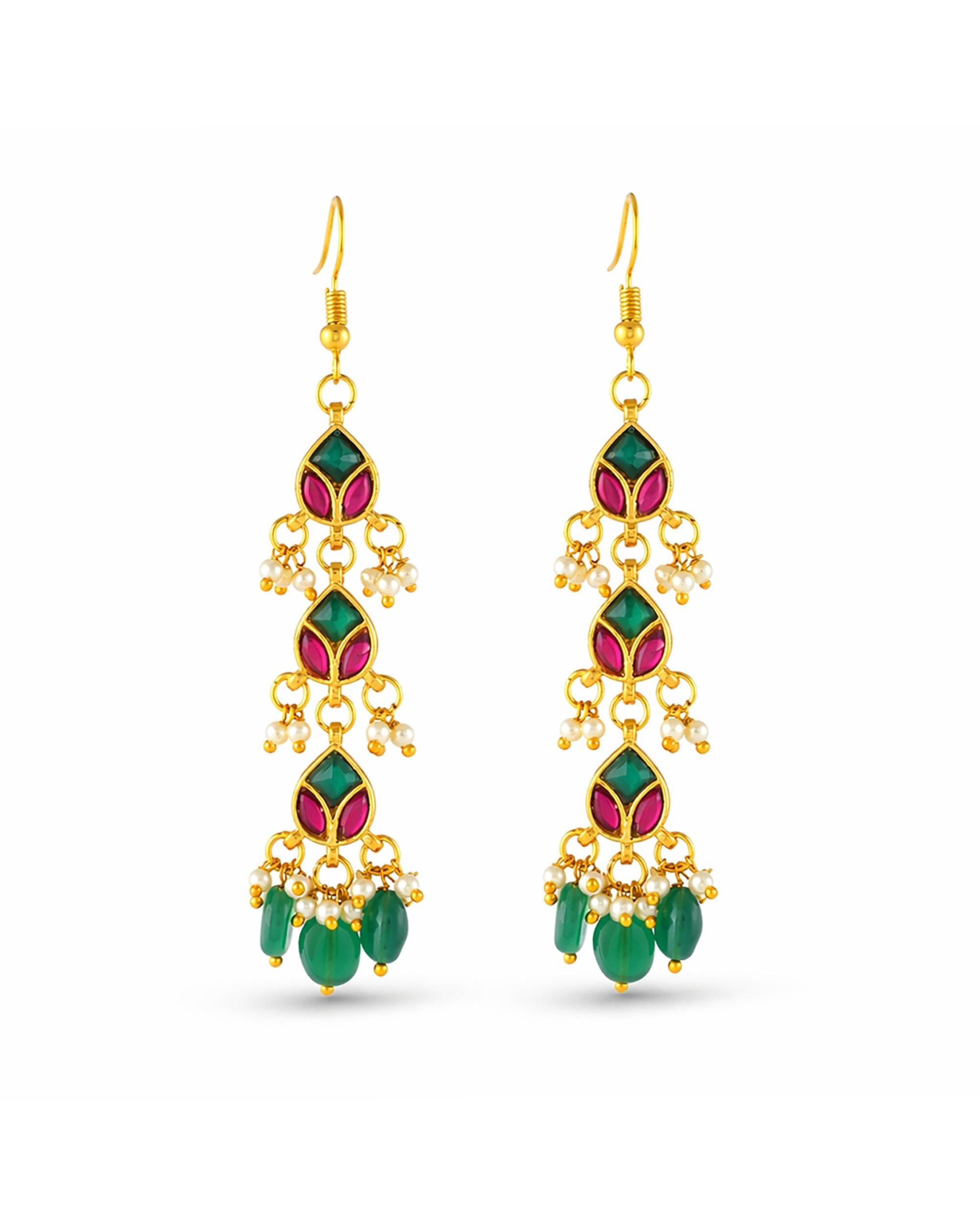 Multi-Strand Pearl Mala Necklace Set with Earrings, Gold Plated Meenakari Festive Jewelry