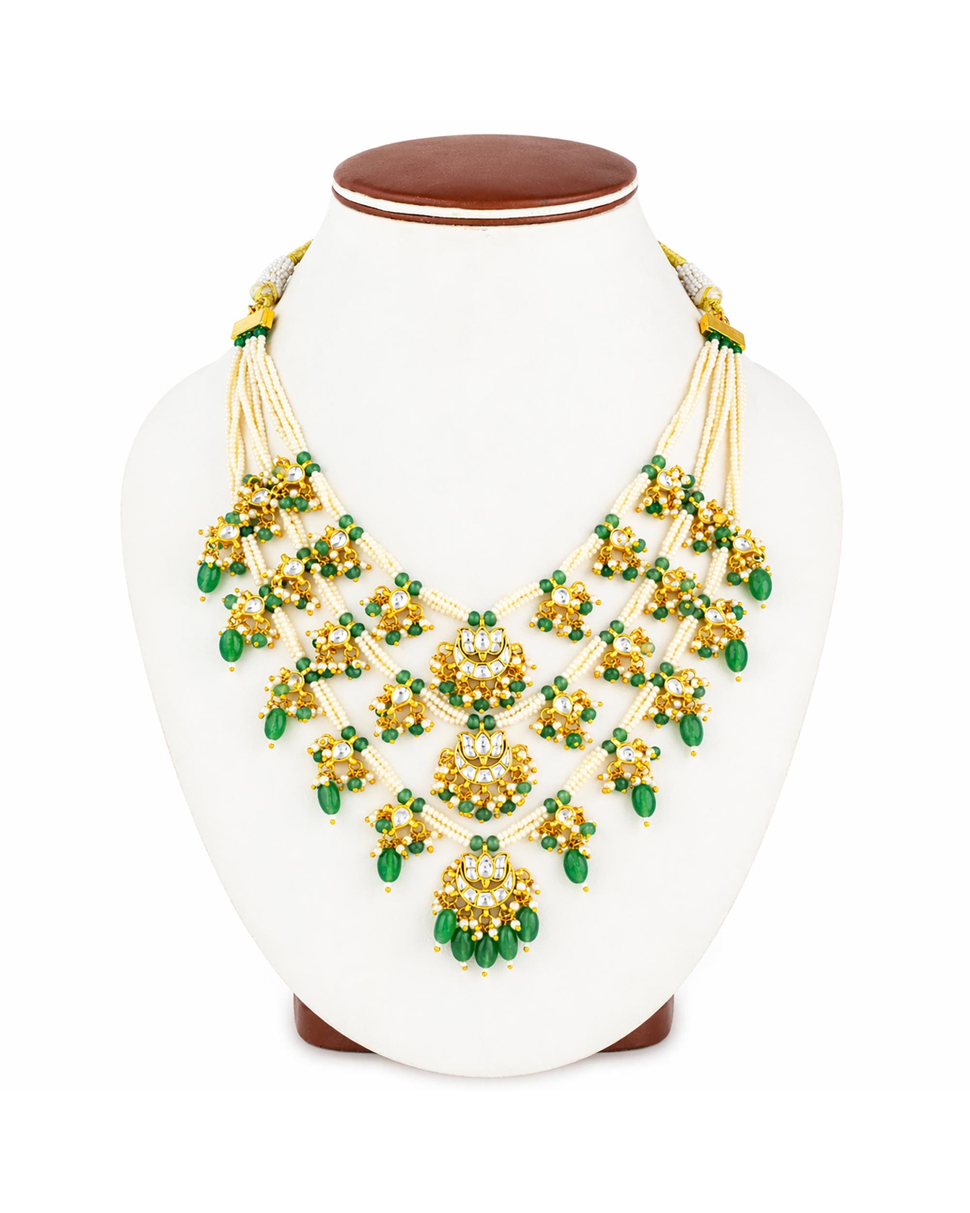 Multi-Layer Pearl Panchlada Kundan Necklace Set  Gold Plated Lotus Earrings