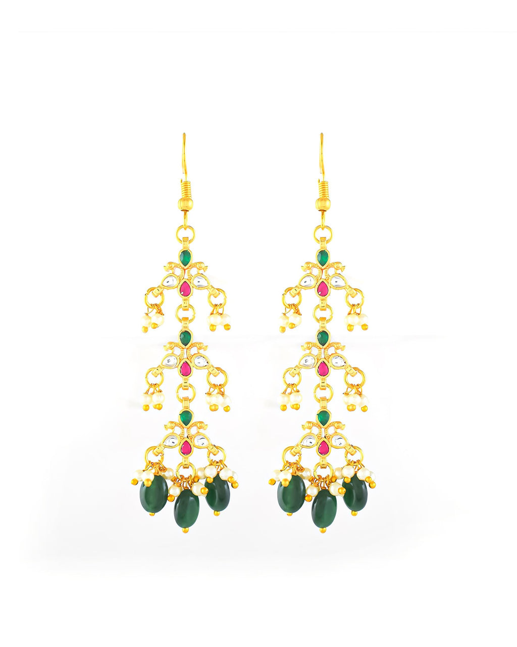 bridal set Multi Layer Step Necklace Set with Earrings, Emerald Green Bead Indian Haar, Long Pearl Bridal Jewelry,