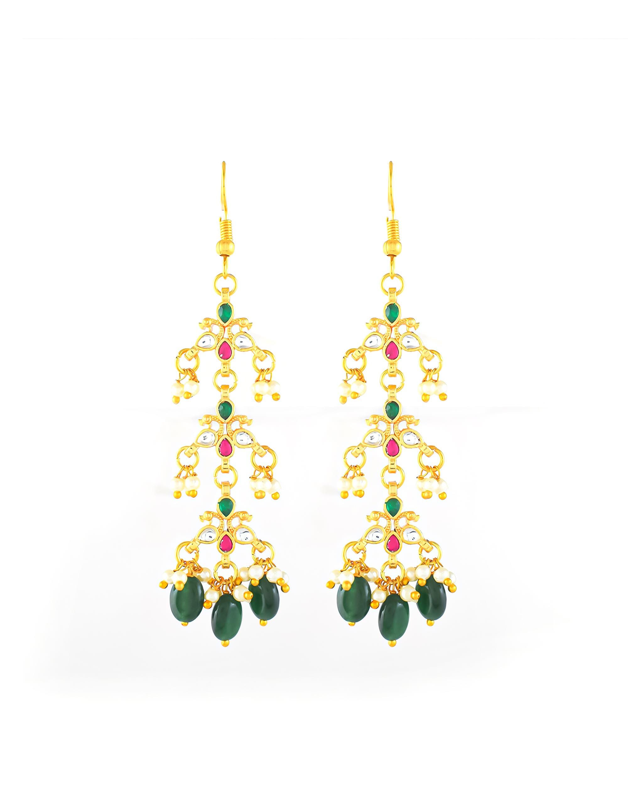 bridal set Multi Layer Step Necklace Set with Earrings, Emerald Green Bead Indian Haar, Long Pearl Bridal Jewelry,