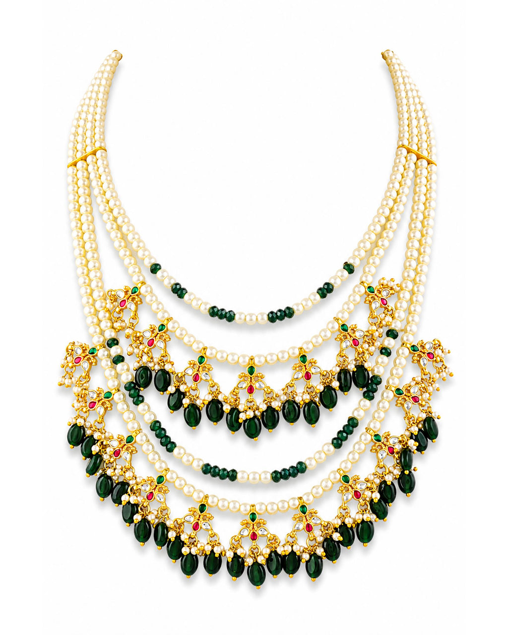 bridal set Multi Layer Step Necklace Set with Earrings, Emerald Green Bead Indian Haar, Long Pearl Bridal Jewelry,