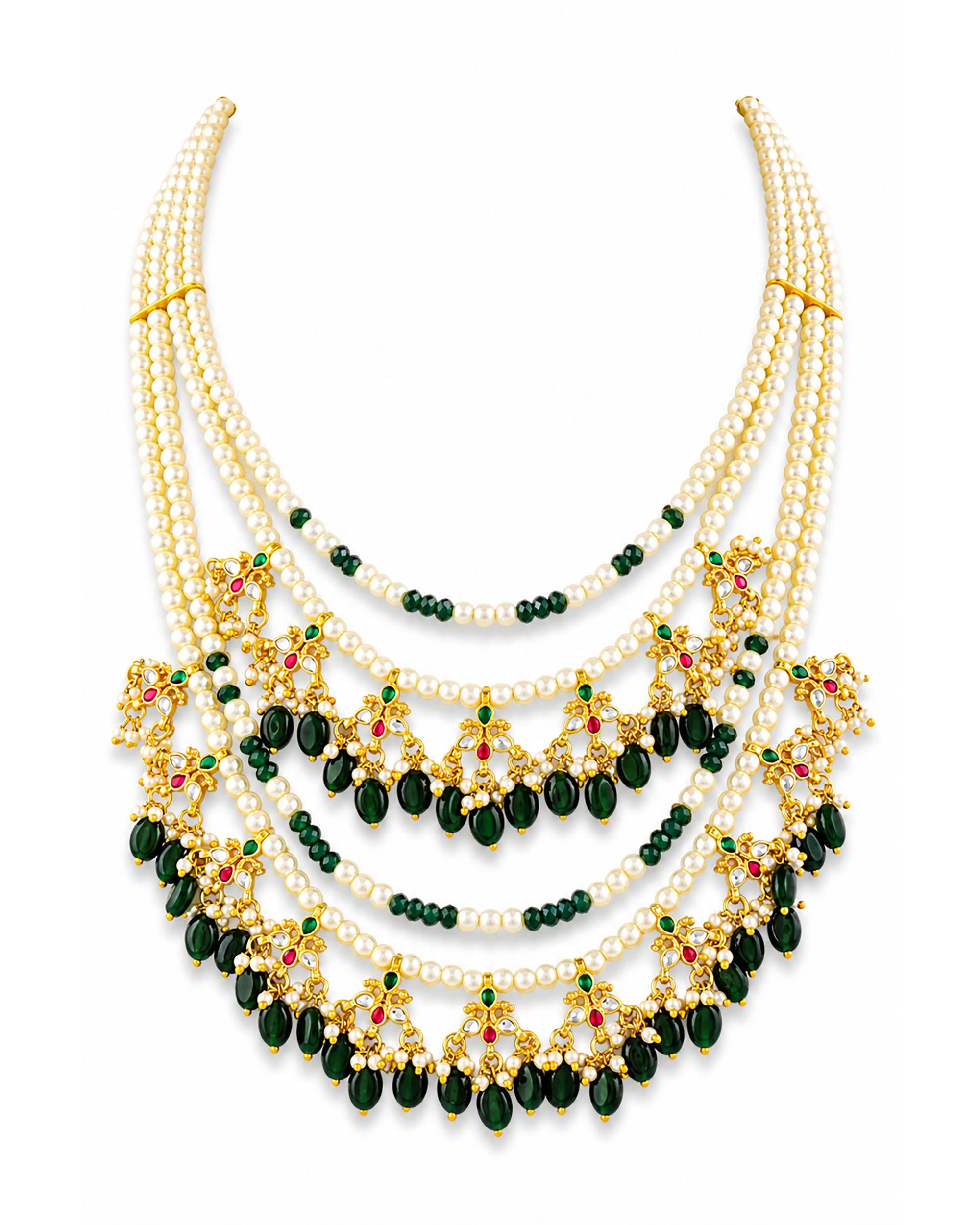 bridal set Multi Layer Step Necklace Set with Earrings, Emerald Green Bead Indian Haar, Long Pearl Bridal Jewelry,