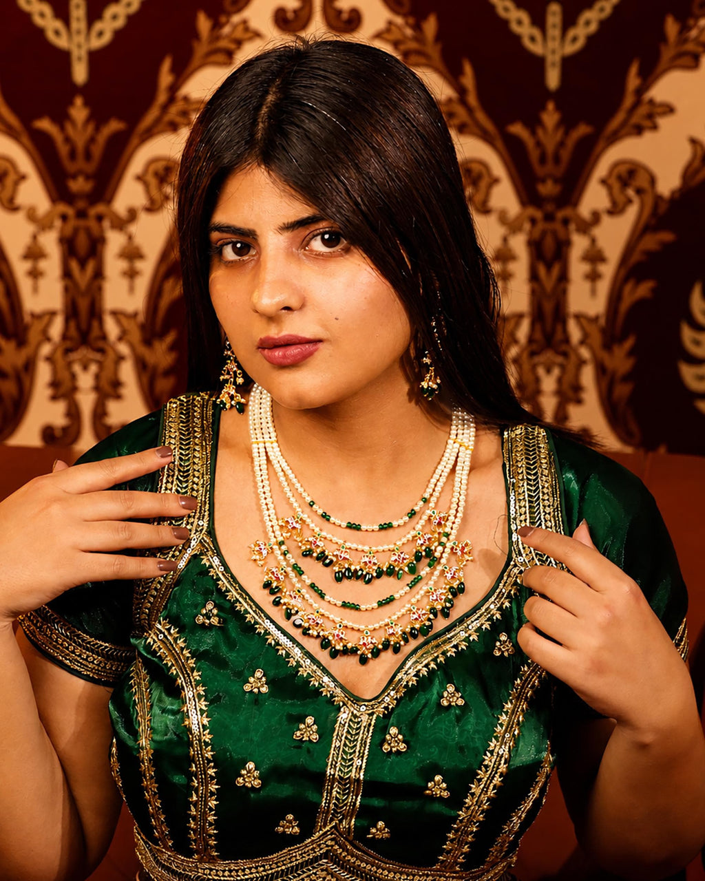 bridal set Multi Layer Step Necklace Set with Earrings, Emerald Green Bead Indian Haar, Long Pearl Bridal Jewelry,