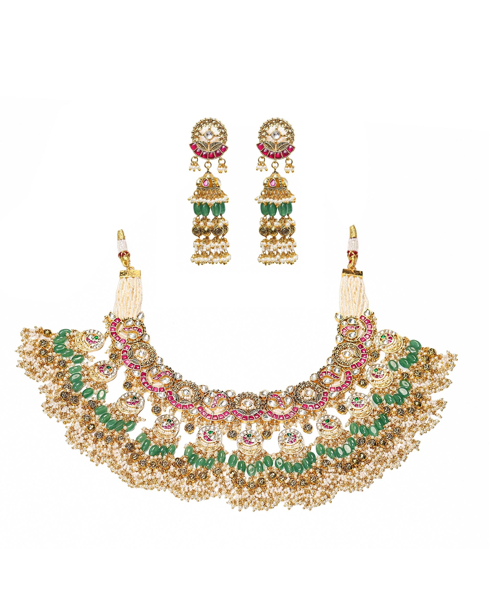 Handmade Kundan Bridal Choker Necklace Set Jhumka Earrings  Gold Plated Peacock Motif Royal Haar