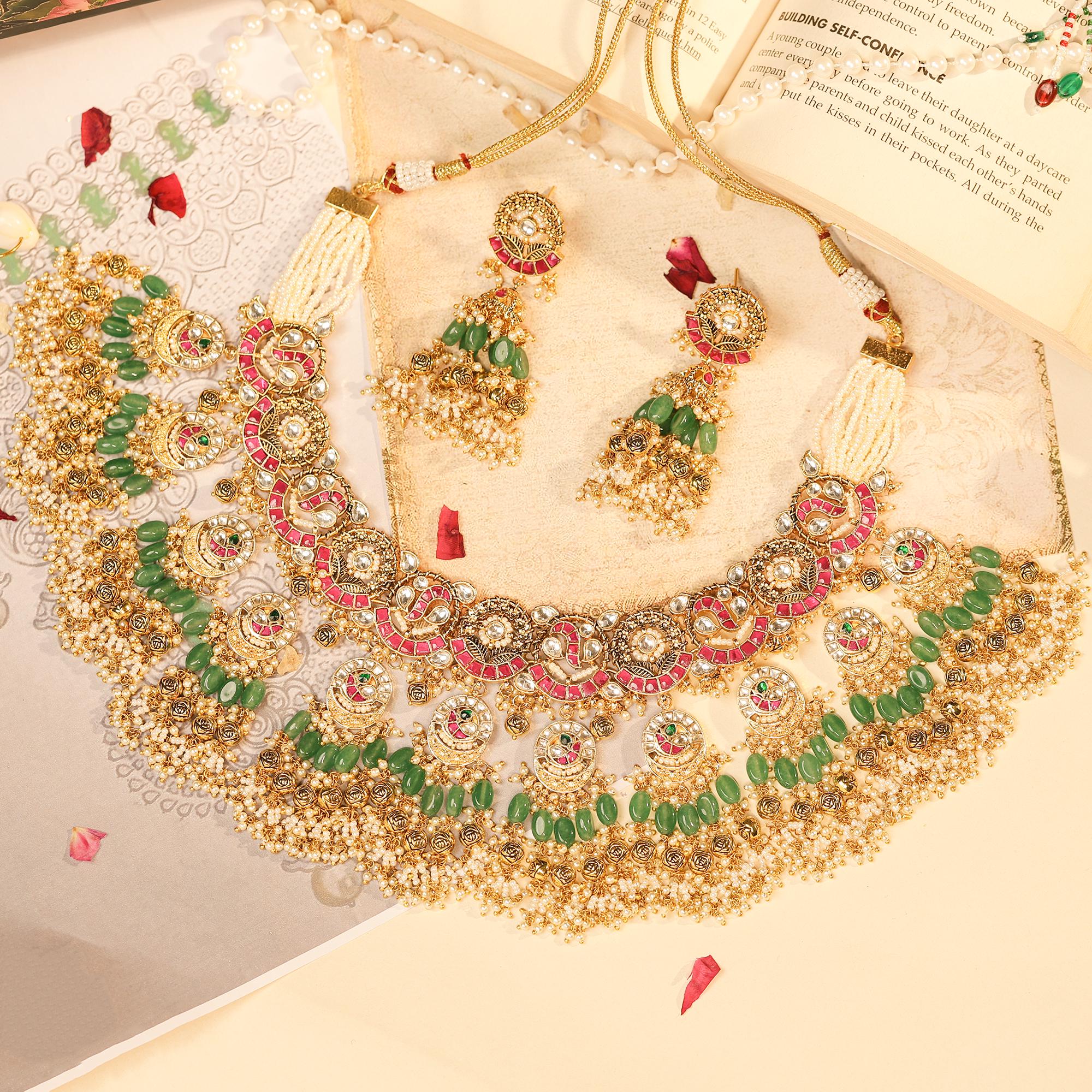 Handmade Kundan Bridal Choker Necklace Set Jhumka Earrings  Gold Plated Peacock Motif Royal Haar