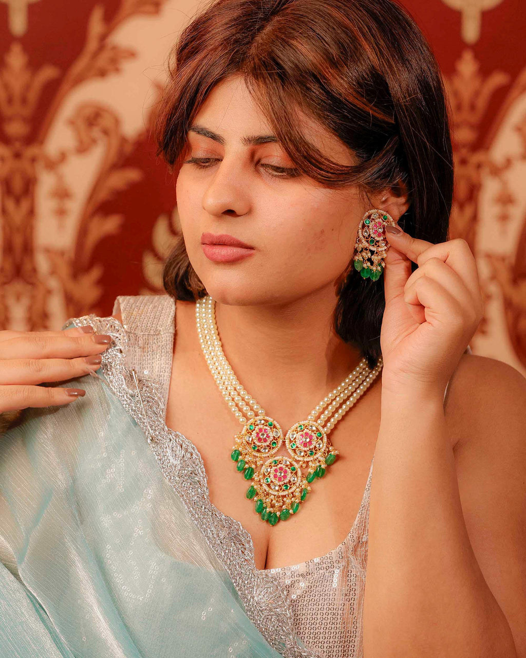 Multi-Layer Pearl Necklace Set with Kundan Emerald Pendant  Indian Bridal Statement Jewelry