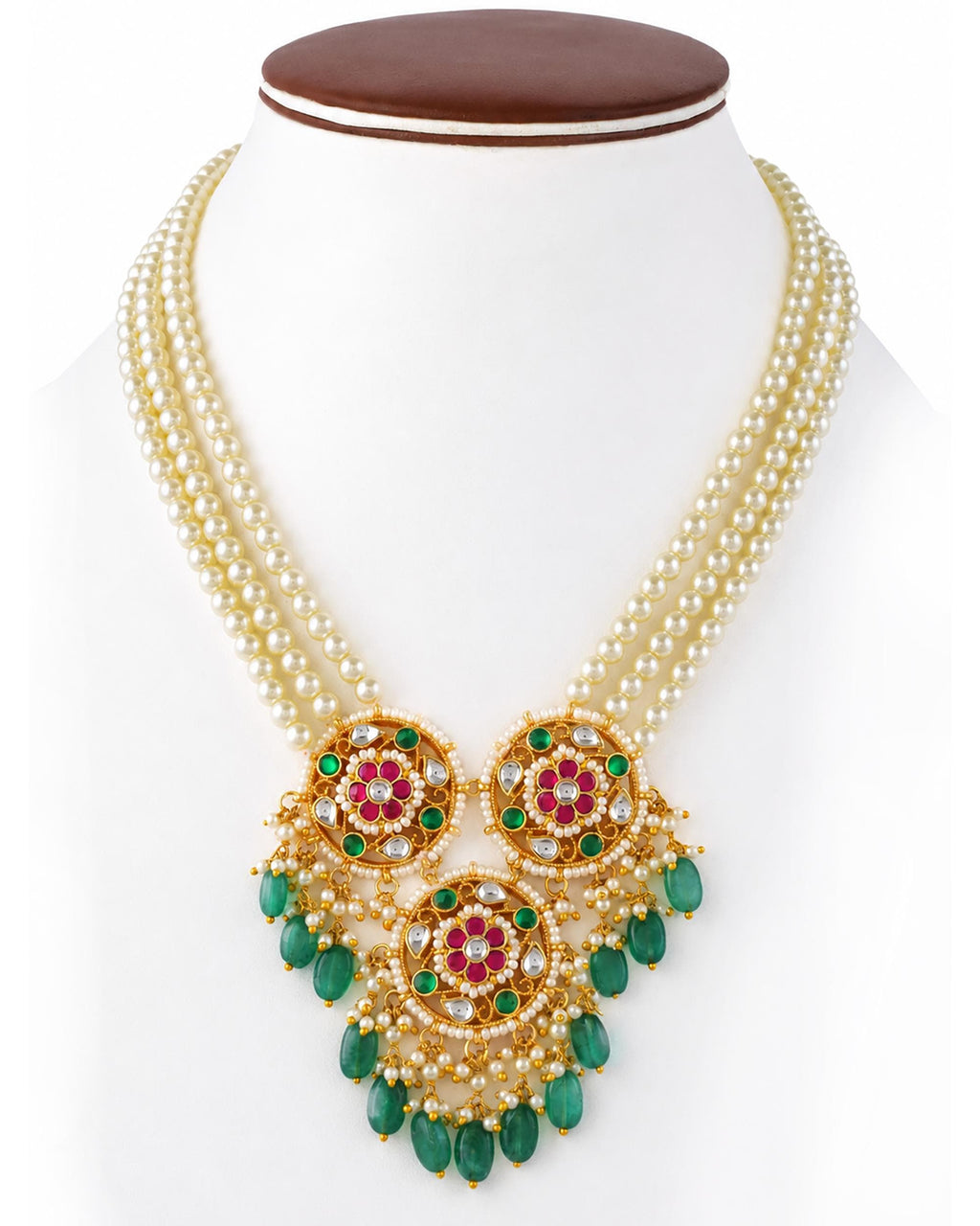 Multi-Layer Pearl Necklace Set with Kundan Emerald Pendant  Indian Bridal Statement Jewelry