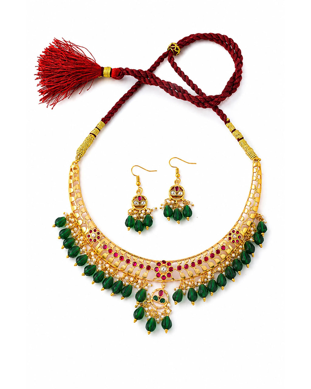 Gold-Plated Choker Necklace Earrings Set: Emerald Green Beads, Ruby Accents