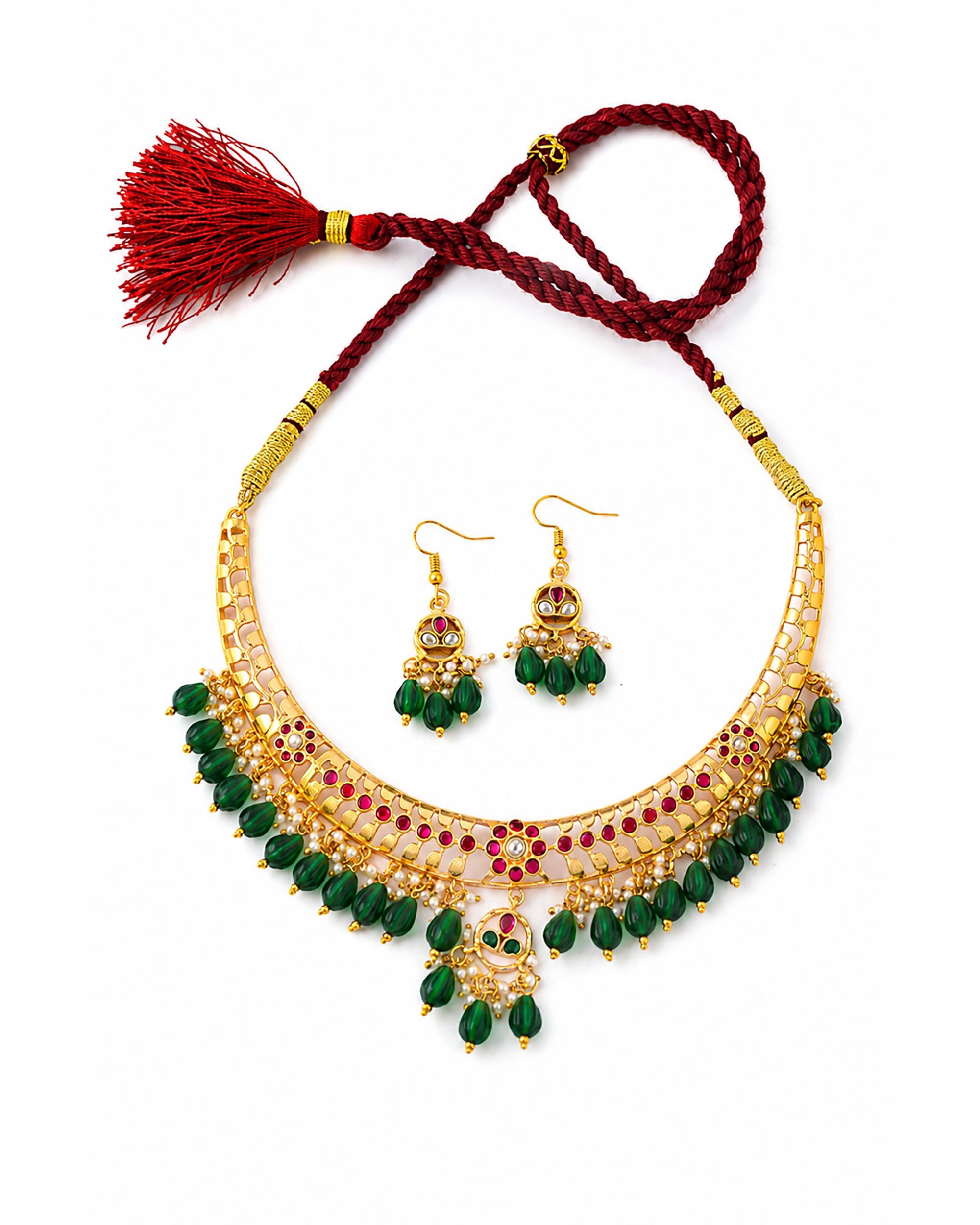 Gold-Plated Choker Necklace Earrings Set: Emerald Green Beads, Ruby Accents