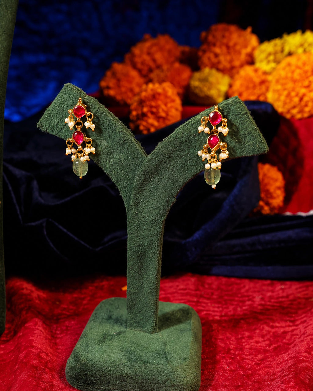 Royal Jadau Kundan Choker Necklace Earrings Set, Mint Green Emerald Beads, Ruby Pink Accents