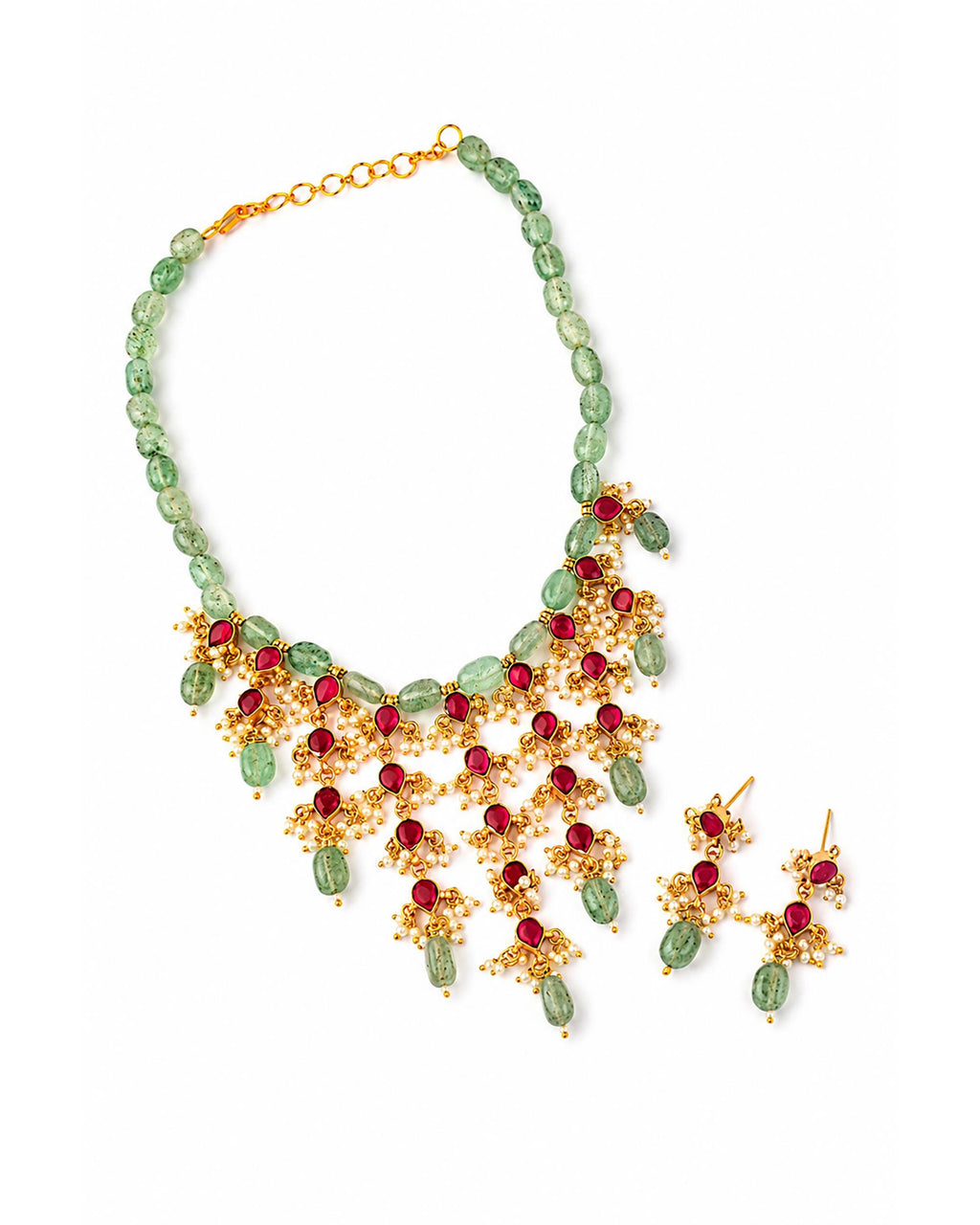 Royal Jadau Kundan Choker Necklace Earrings Set, Mint Green Emerald Beads, Ruby Pink Accents