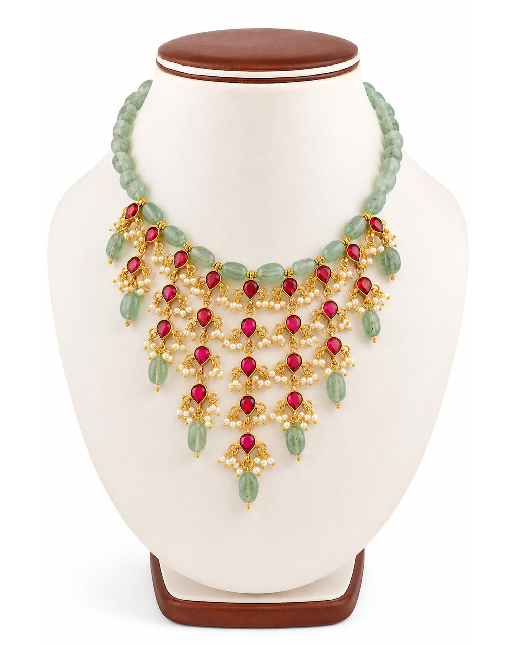 Royal Jadau Kundan Choker Necklace Earrings Set, Mint Green Emerald Beads, Ruby Pink Accents