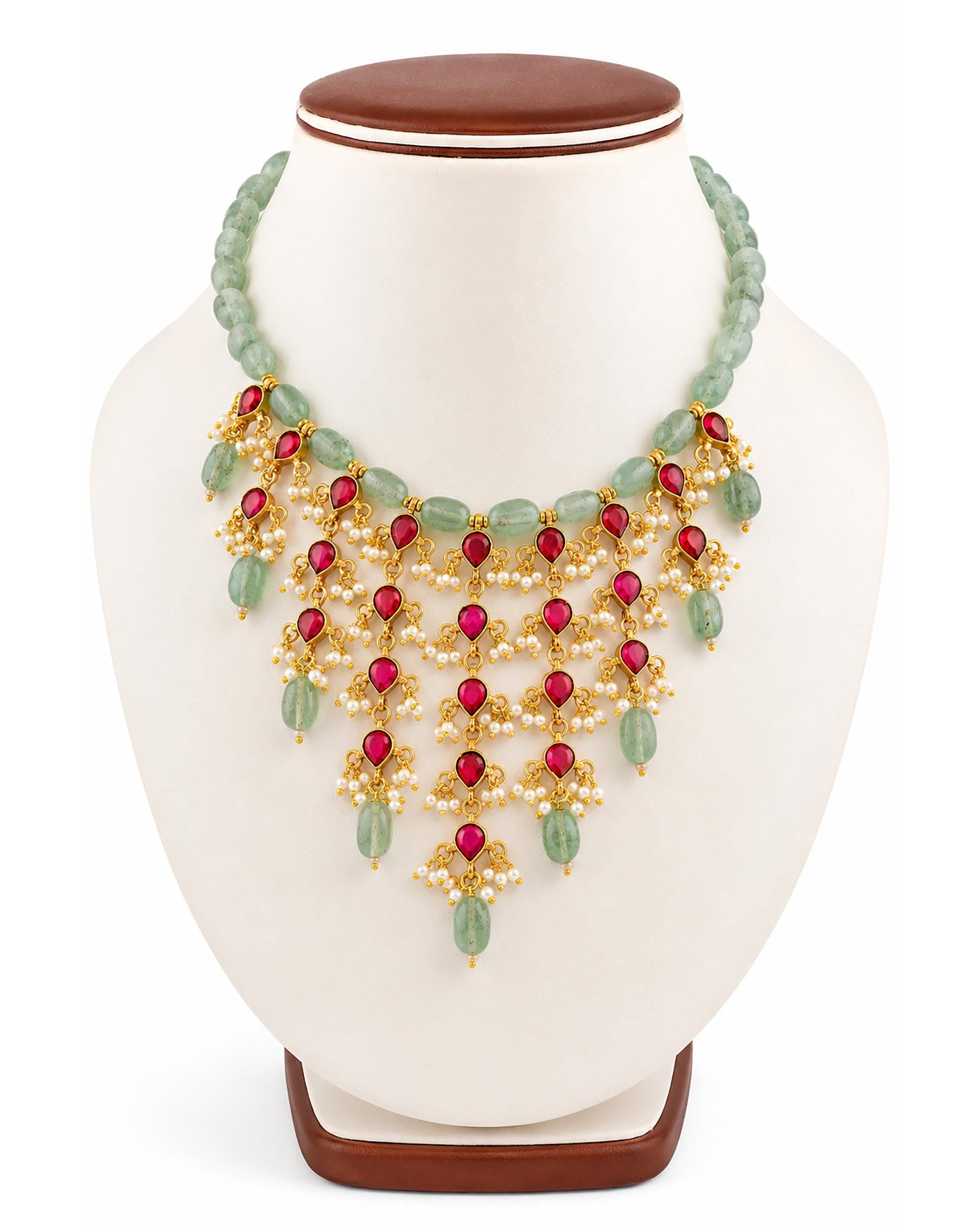 Royal Jadau Kundan Choker Necklace Earrings Set, Mint Green Emerald Beads, Ruby Pink Accents