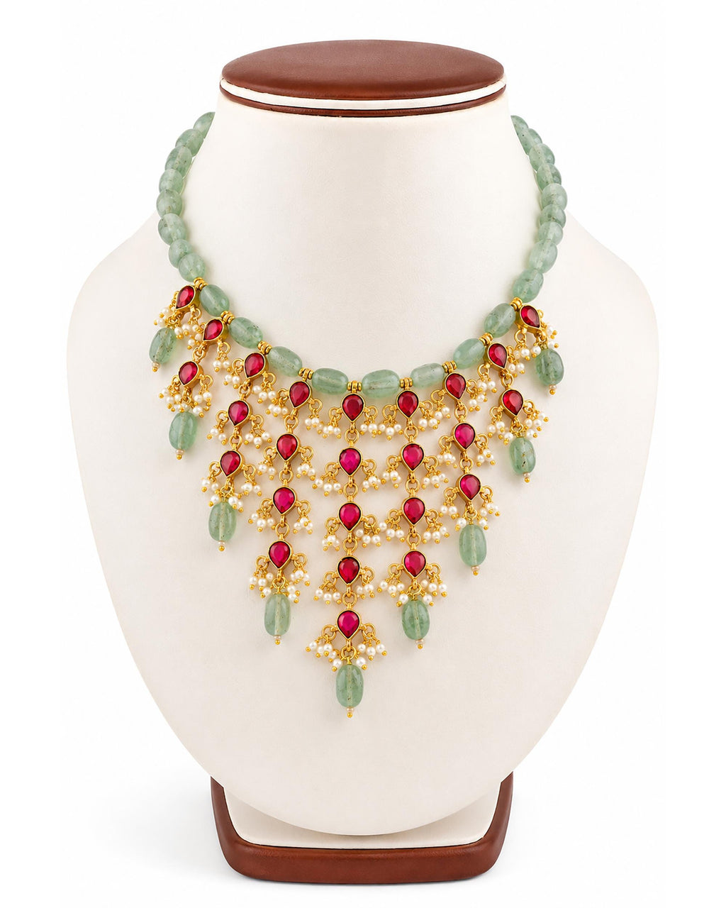 Royal Jadau Kundan Choker Necklace Earrings Set, Mint Green Emerald Beads, Ruby Pink Accents