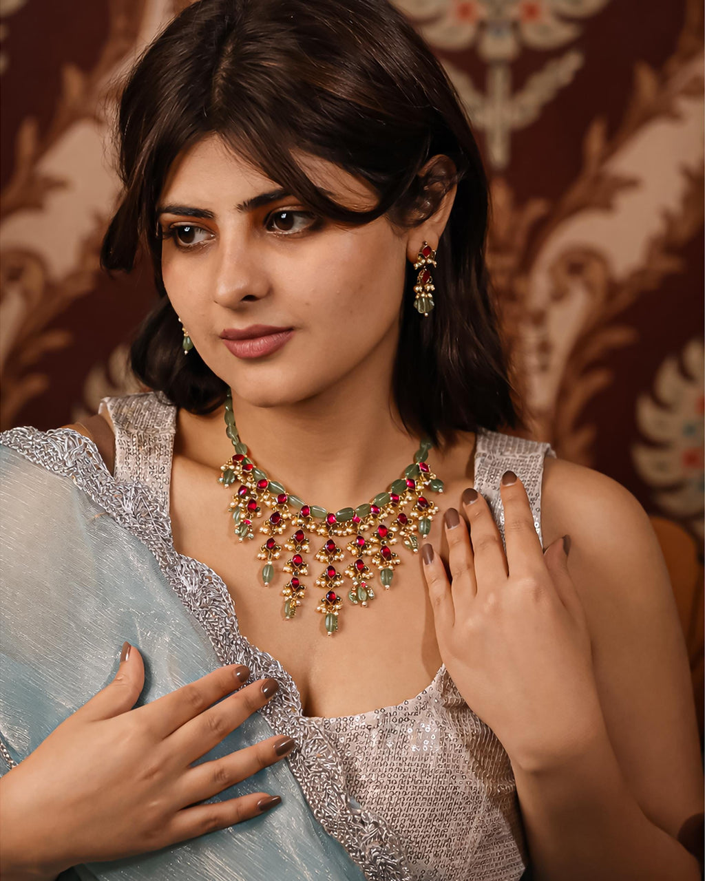 Royal Jadau Kundan Choker Necklace Earrings Set, Mint Green Emerald Beads, Ruby Pink Accents