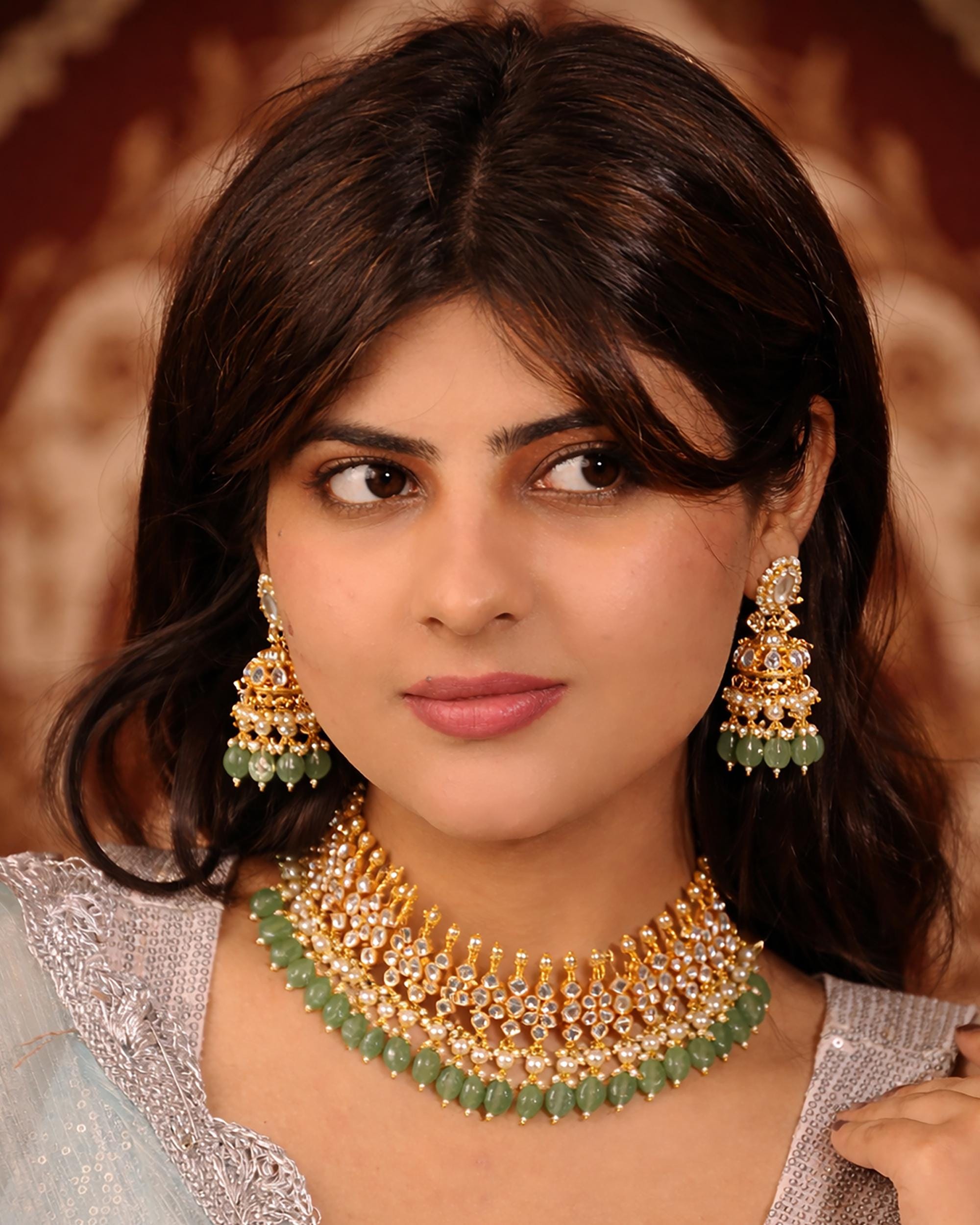 Exquisite Handcrafted Kundan Choker Necklace & Jhumka Earrings Set with Mint Green Beads