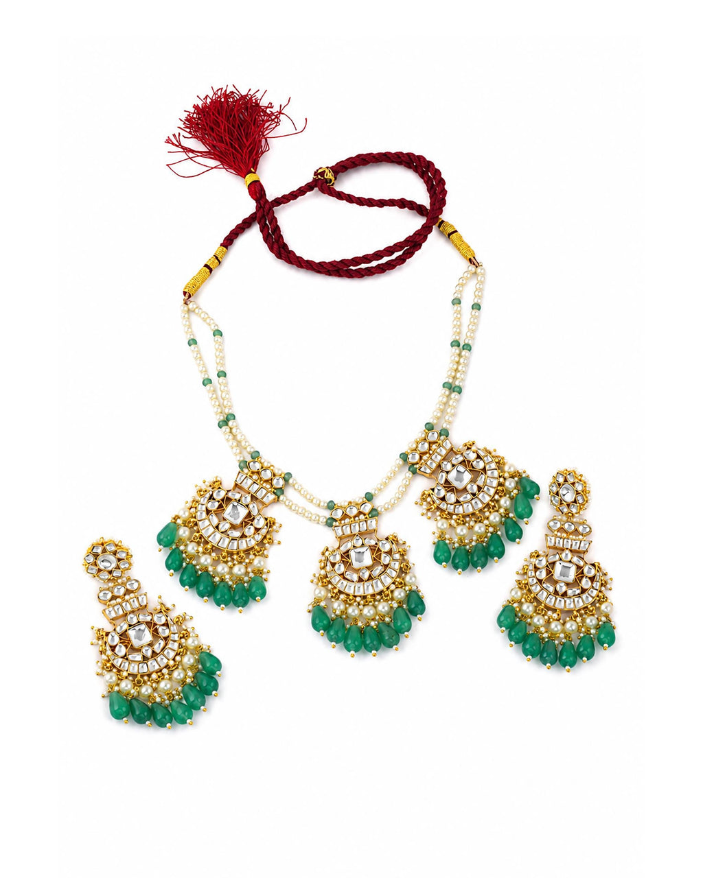 Royal Kundan Multi-Pendant Necklace & Statement Earrings Set with Emerald Green Drops