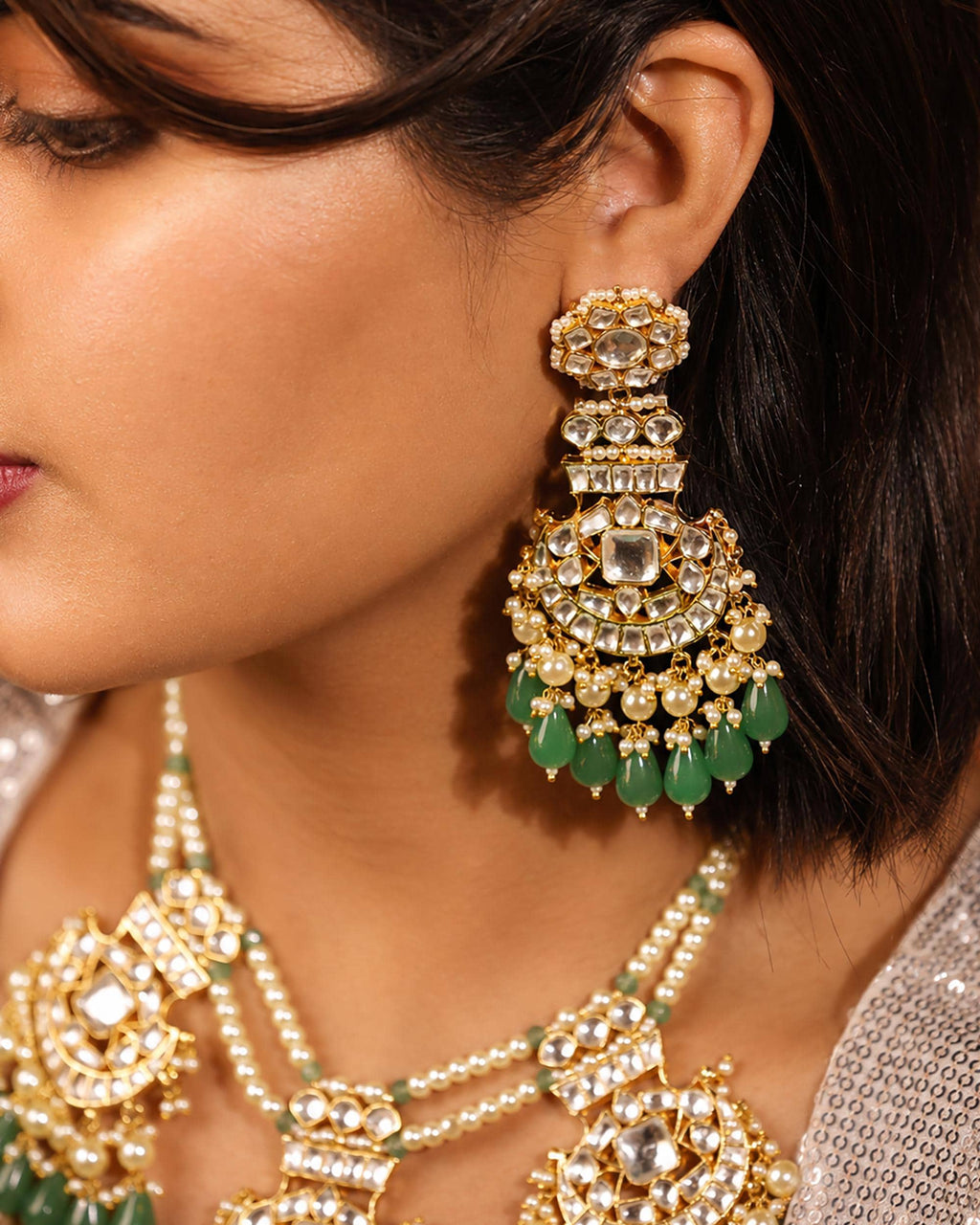 Royal Kundan Multi-Pendant Necklace & Statement Earrings Set with Emerald Green Drops
