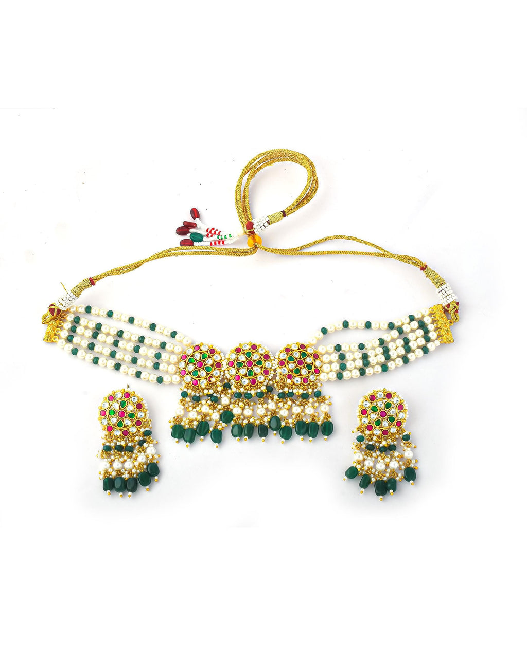 Traditional Handcrafted Kundan & Meenakari Multi-Strand Choker Necklace with Earrings