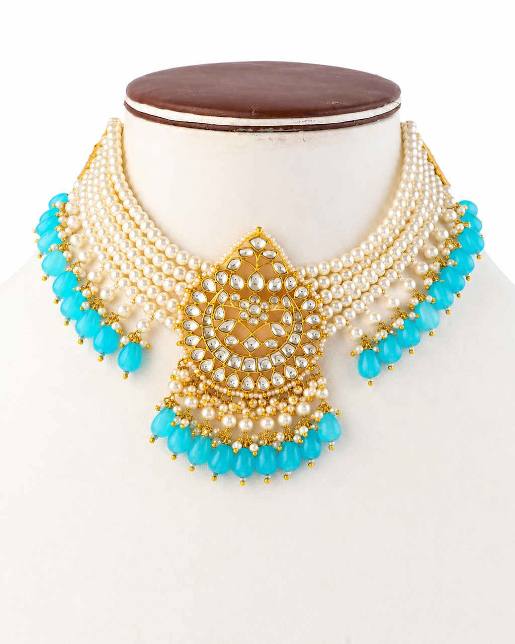 Royal Kundan Multi-Strand Pearl Choker & Jhumka Earrings Set with Sky Blue Beads