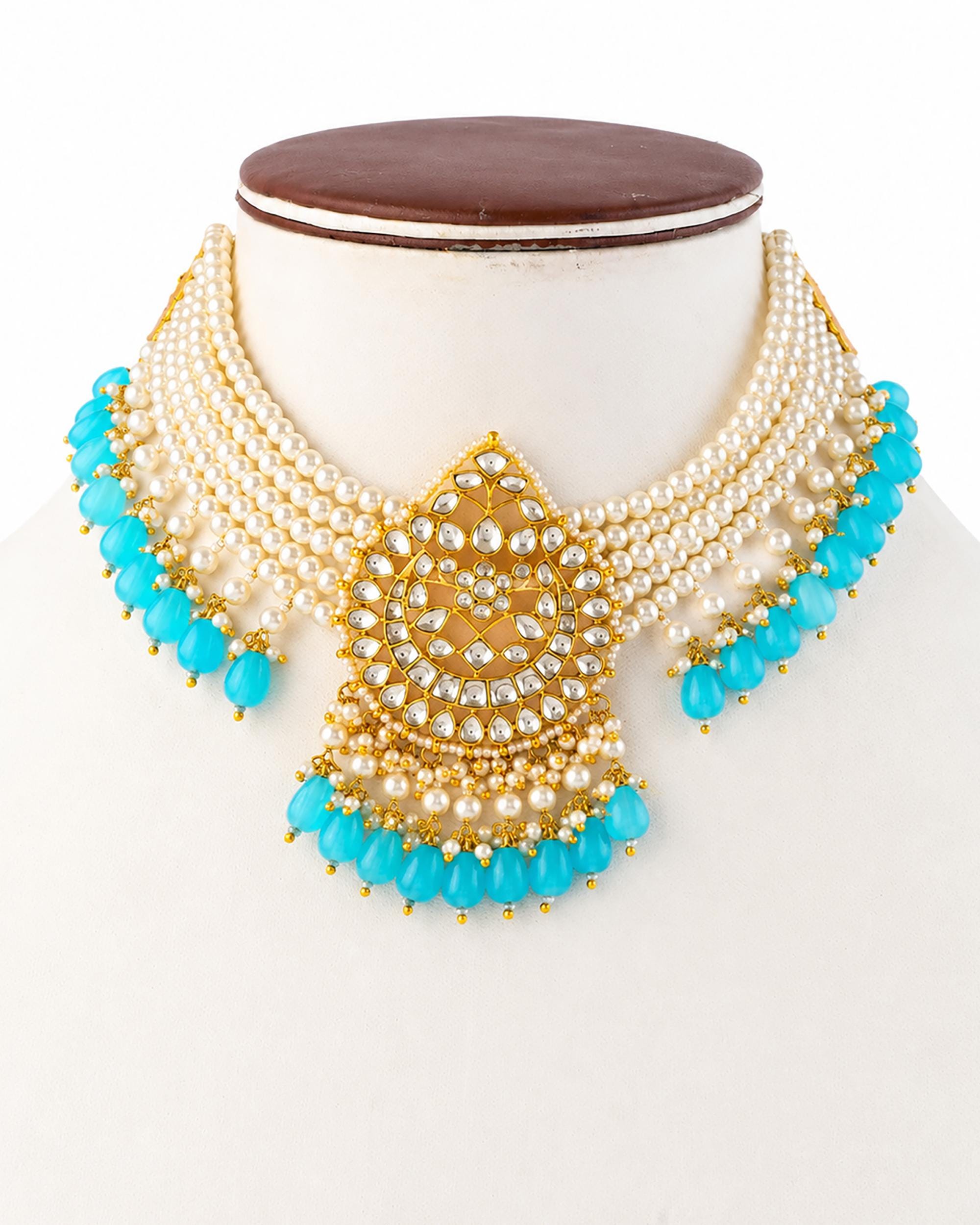 Royal Kundan Multi-Strand Pearl Choker & Jhumka Earrings Set with Sky Blue Beads