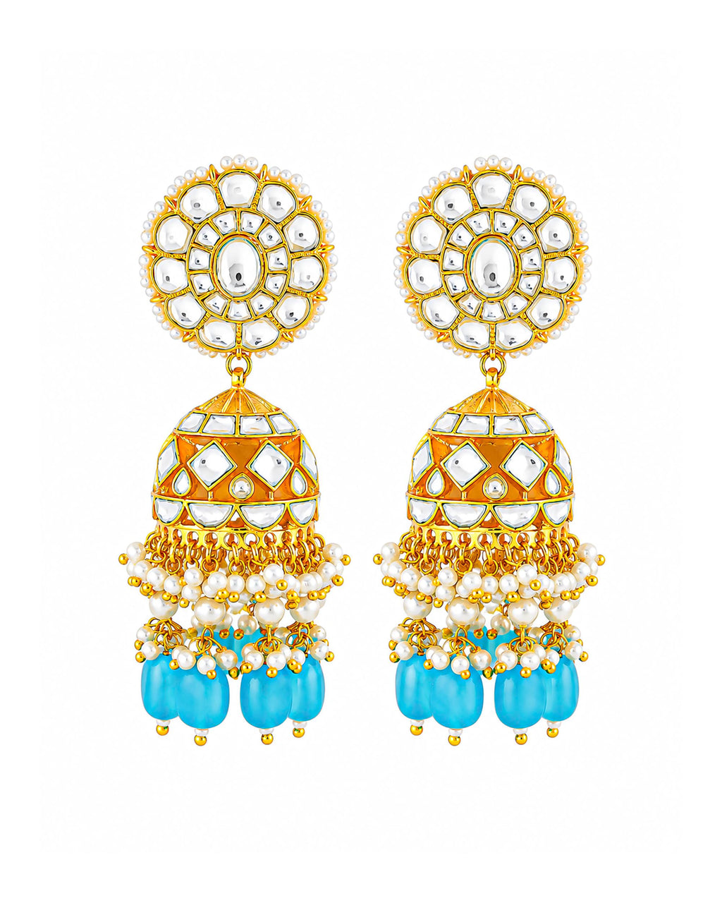 Royal Kundan Multi-Strand Pearl Choker & Jhumka Earrings Set with Sky Blue Beads